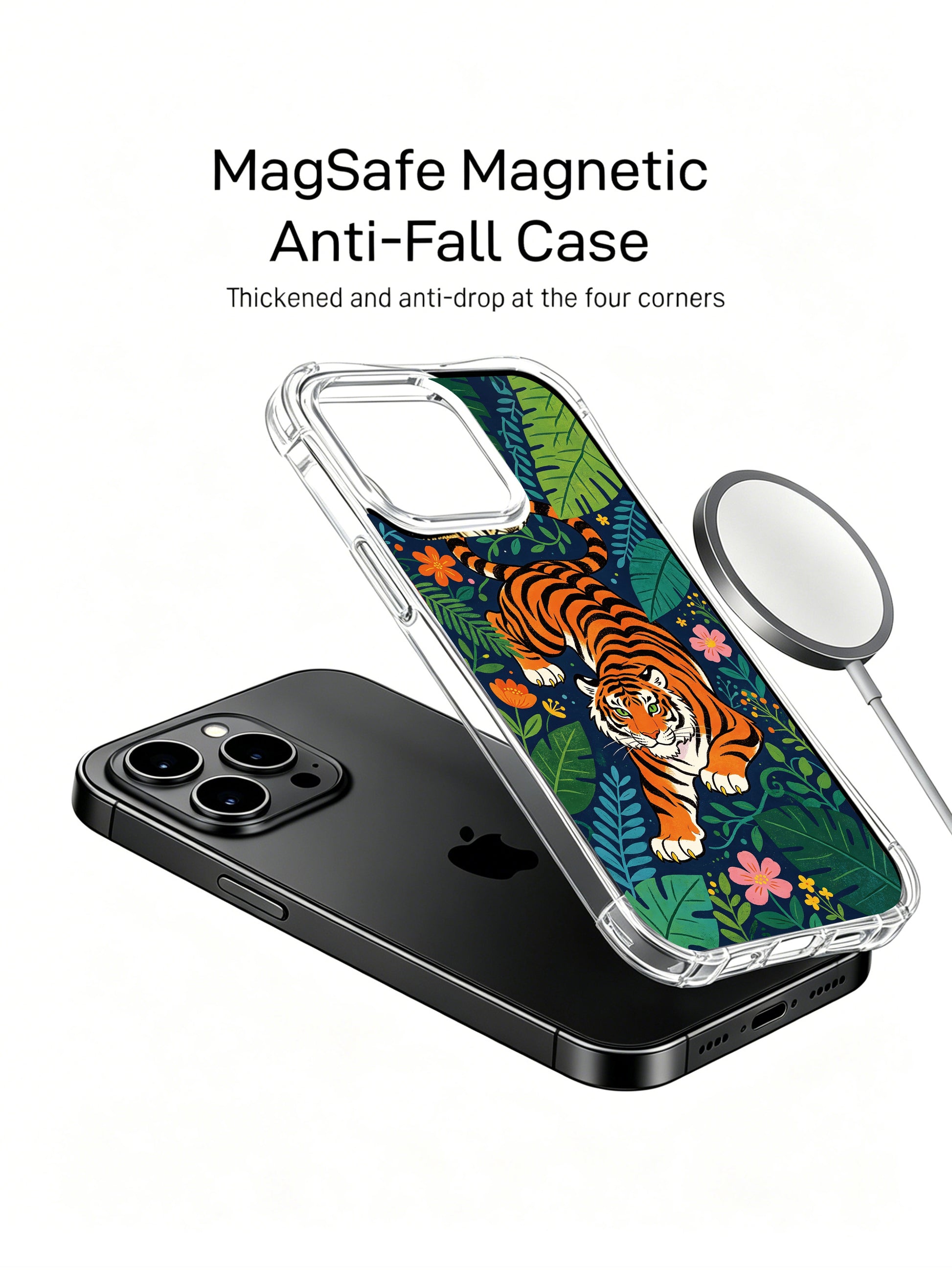 All-over full wrap midnight dark jungle background dense vine foliage surrounding symbolic wild guardian tiger iPhone 13 pro Case from PhoneCasing, flexible shockproof transparent iPhone 13 pro casing dotted with multi-tone garden blossoms, exclusive Noah Wildfern artist phone cover.