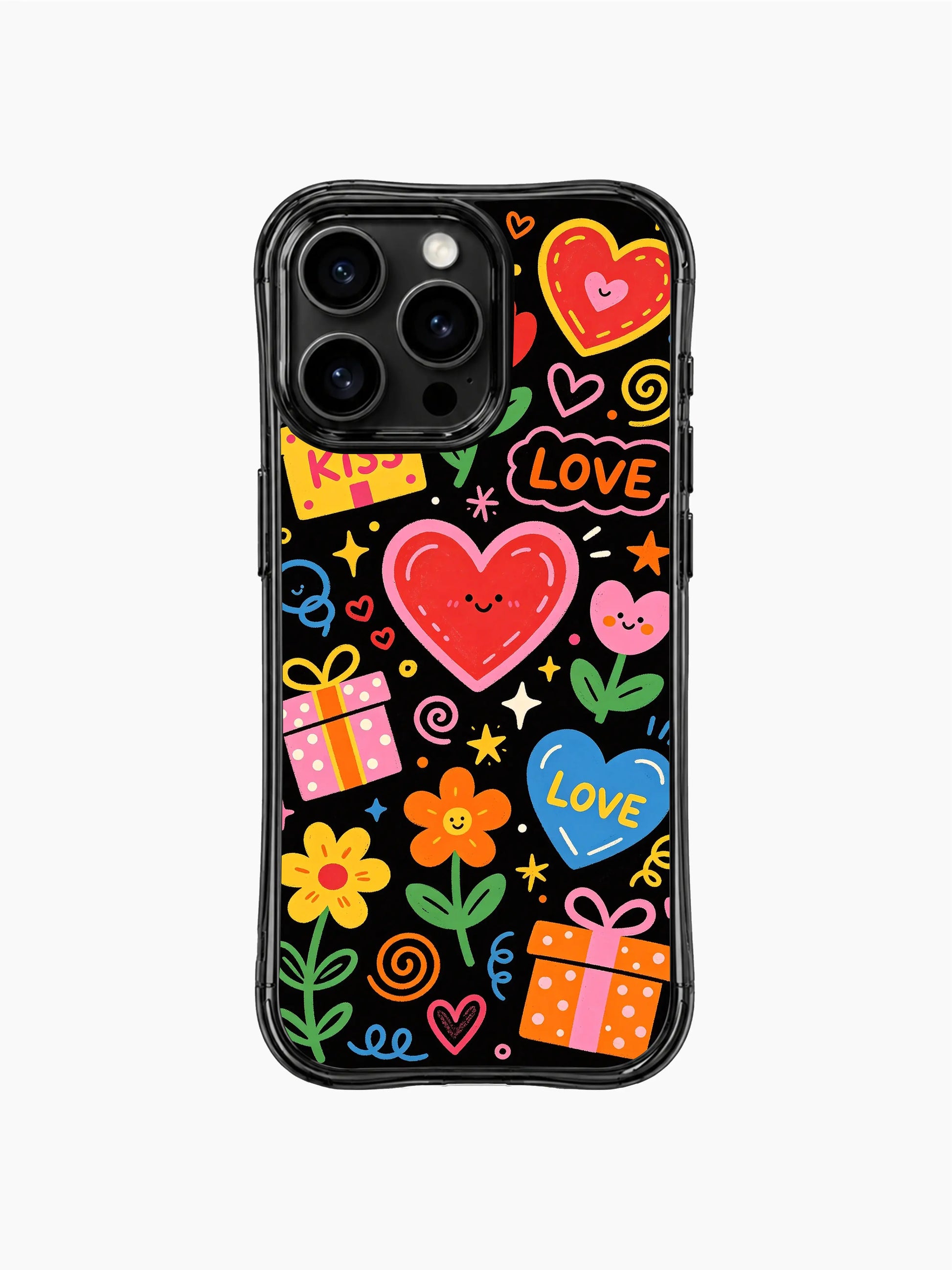PhoneCasing iPhone 13 Pro Max full wrap case with complete Valentine Street Party heart, gift, flower and confetti holiday doodle pattern, fade-proof long-lasting artistic phone casing.