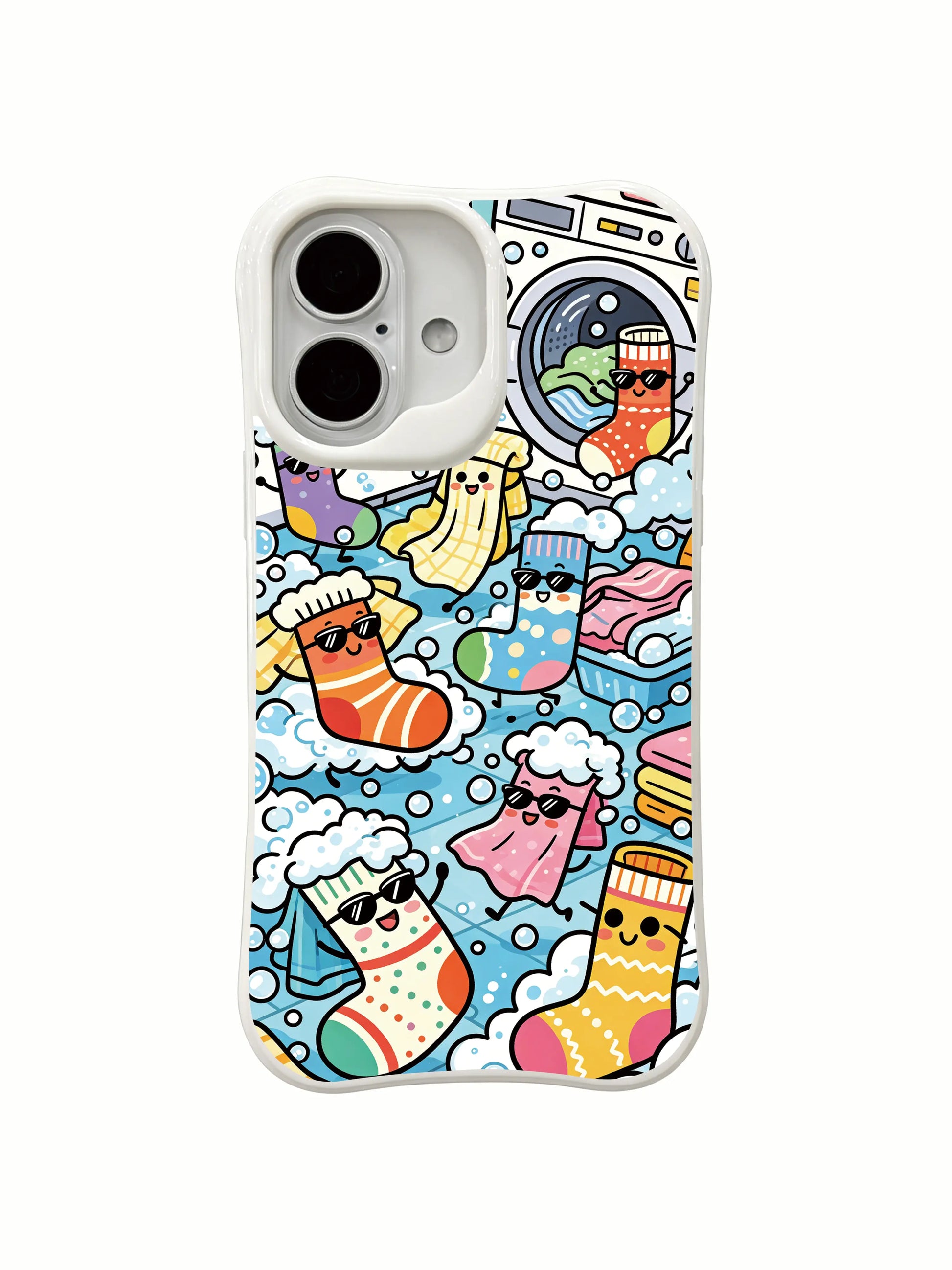 PhoneCasing fun laundry escape scene iPhone 16 Plus Case, whimsical hand-drawn art crafted in California.