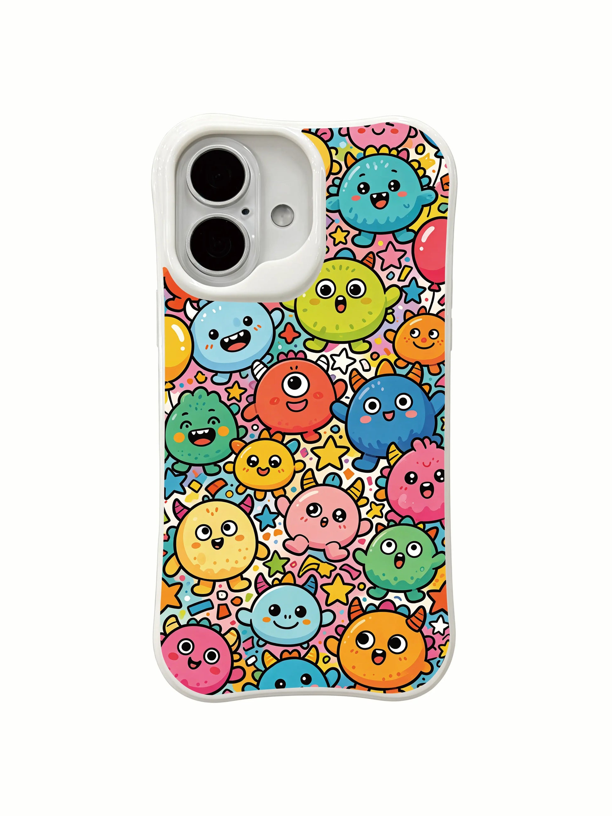 PhoneCasing fun monster party iPhone 16 Plus Case, joyful Candy Monster Parade illustration by Milo Yun, made in California.