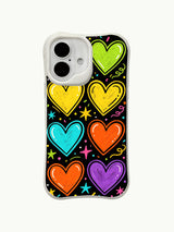 PhoneCasing fun neon heart design iPhone 16 plus case, a unique iphone 16 plus casing with bold, colorful hearts and party-inspired details that add a lively touch to your device.