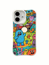 Fuzzy creature community artwork on an iPhone 16 Plus case