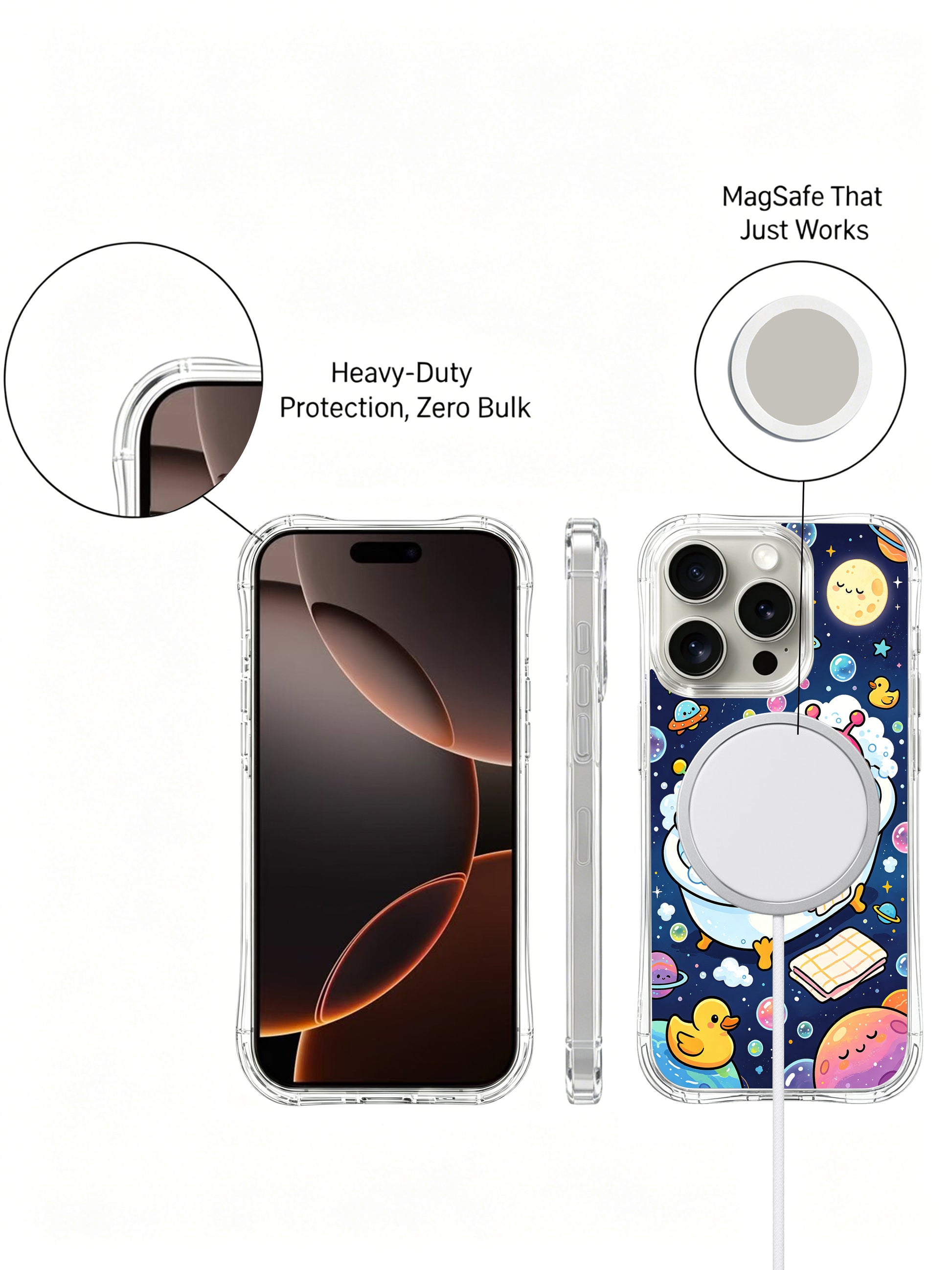 PhoneCasing iPhone 16 Pro Case with galaxy alien bath illustration, part of Milo Yun’s Happy Little Worlds collection, high-quality art casing.