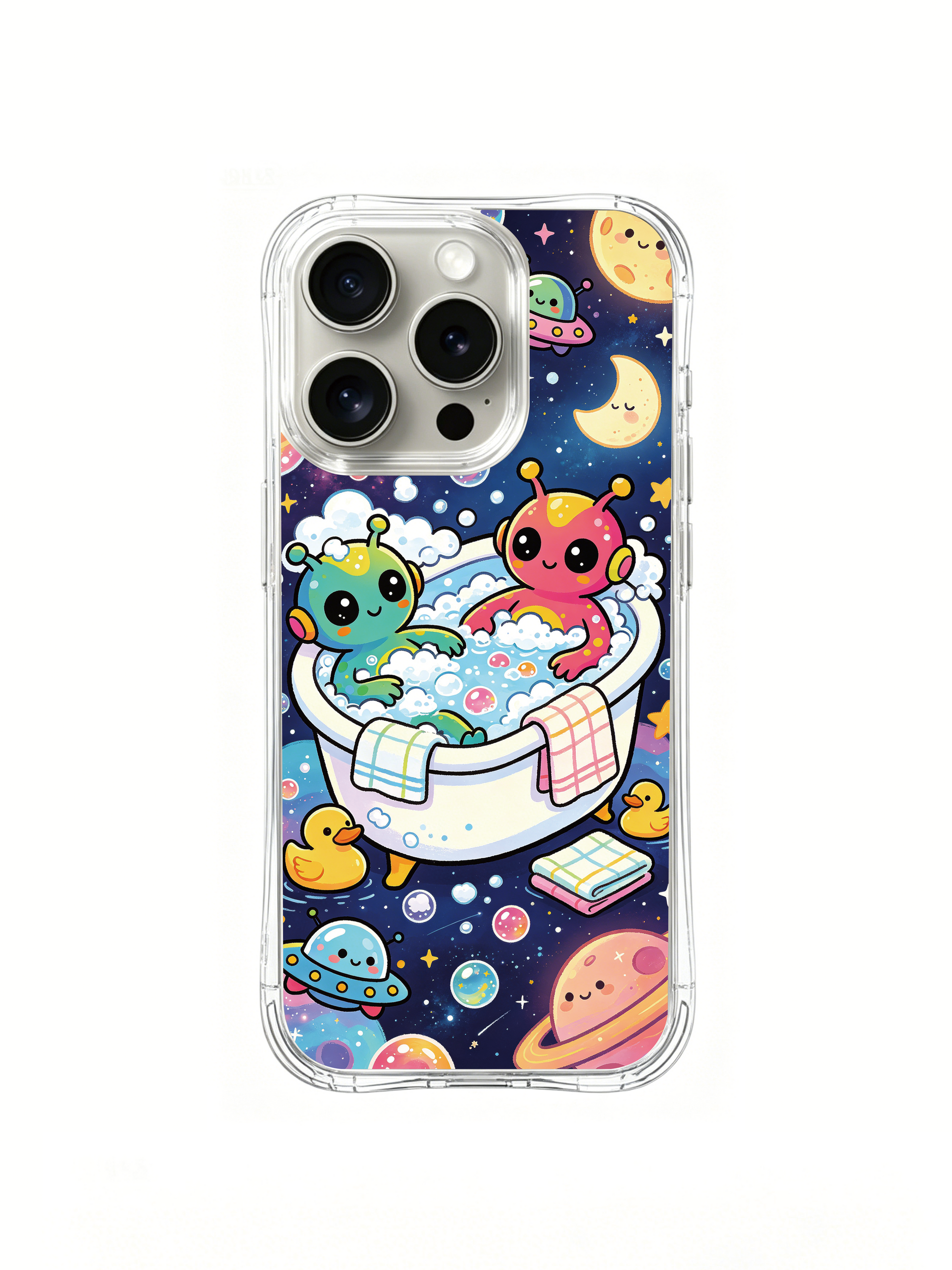 PhoneCasing iPhone 16 Pro Case with galaxy bath alien circle illustration, Milo Yun’s Galaxy Bubble Bath series, gallery-quality print.