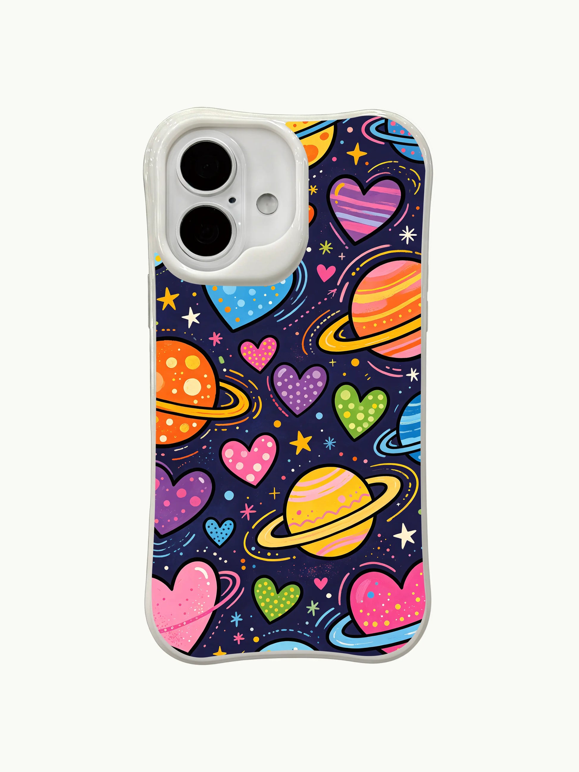 PhoneCasing Galaxy Doodle Hearts Case for iPhone 16 Plus, a playful iPhone 16 plus casing with colorful hearts and star details.