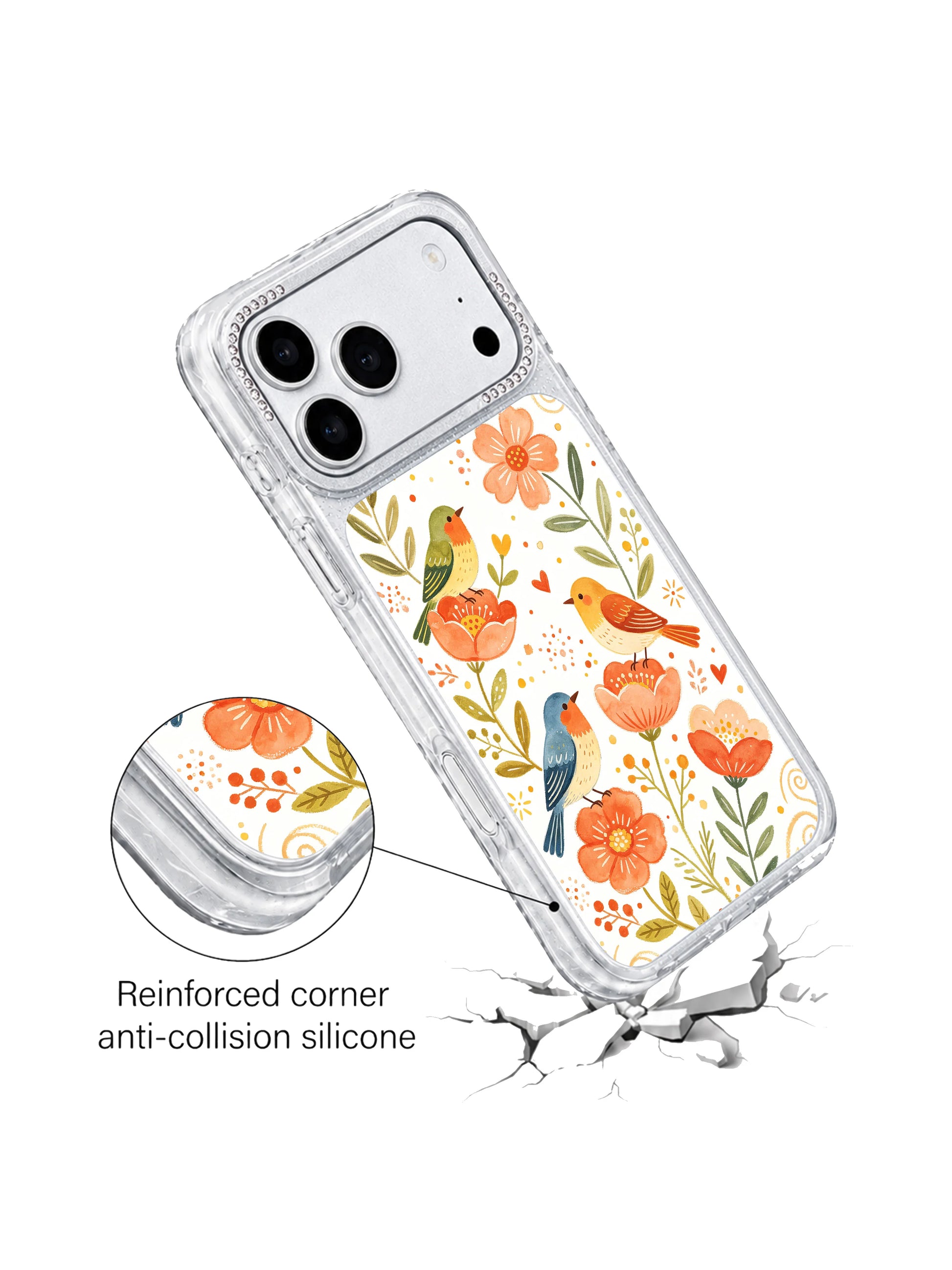 PhoneCasing exclusive artist collaboration iphone 17 pro Max case featuring Aurelia Finch’s Bell Of Freedom Garden watercolor folk art, uplifting ascending dot trails, songbirds and butterflies among orange blooms symbolizing growth, courage and gentle freedom for women’s daily wearable decor.