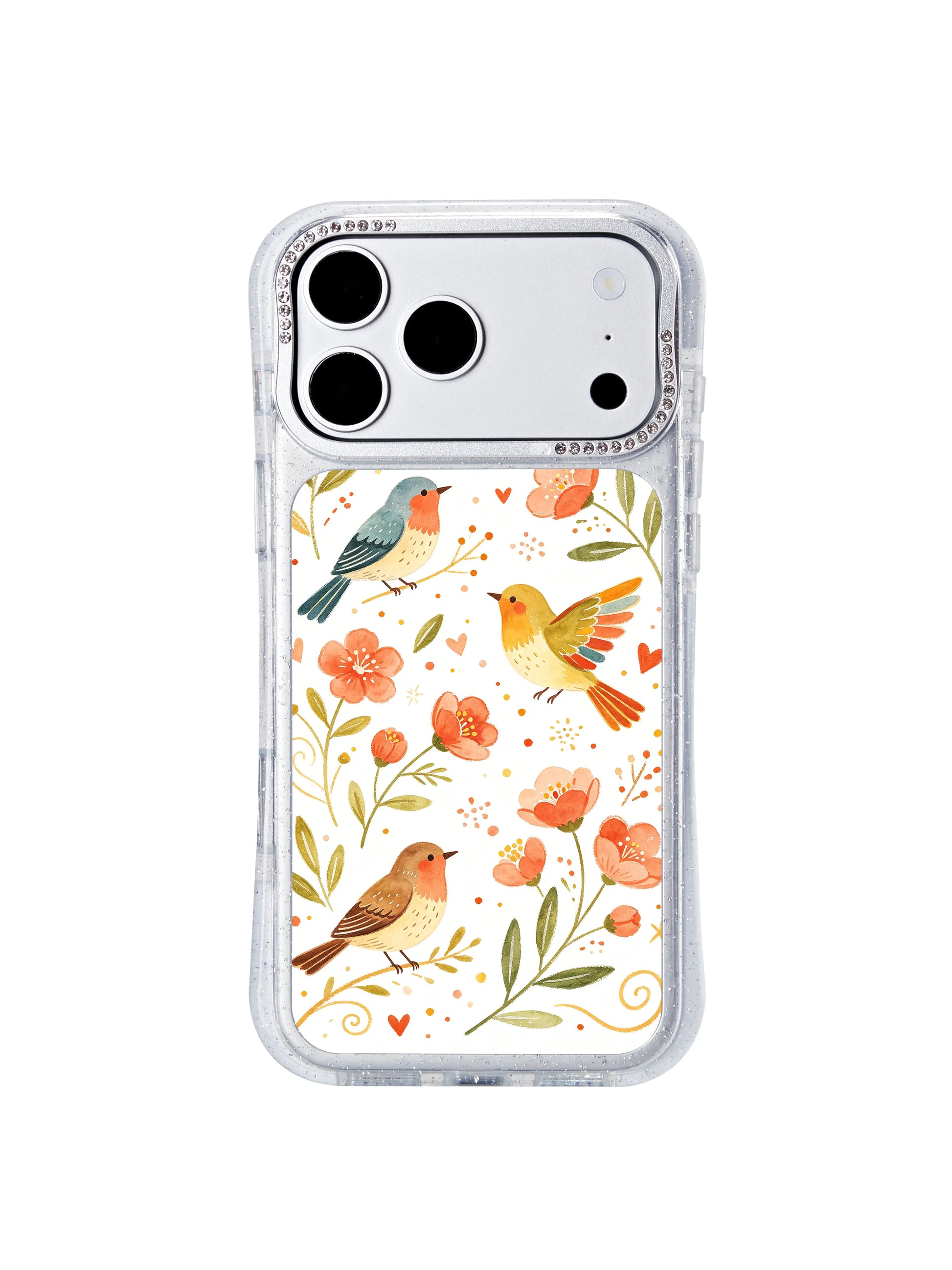 PhoneCasing crystal rhinestone camera rim friendly iphone 17 pro Max case with Aurelia Finch’s uplifting garden bird butterfly print, fully unobstructed cutouts for iphone 17 pro camera control hardware.