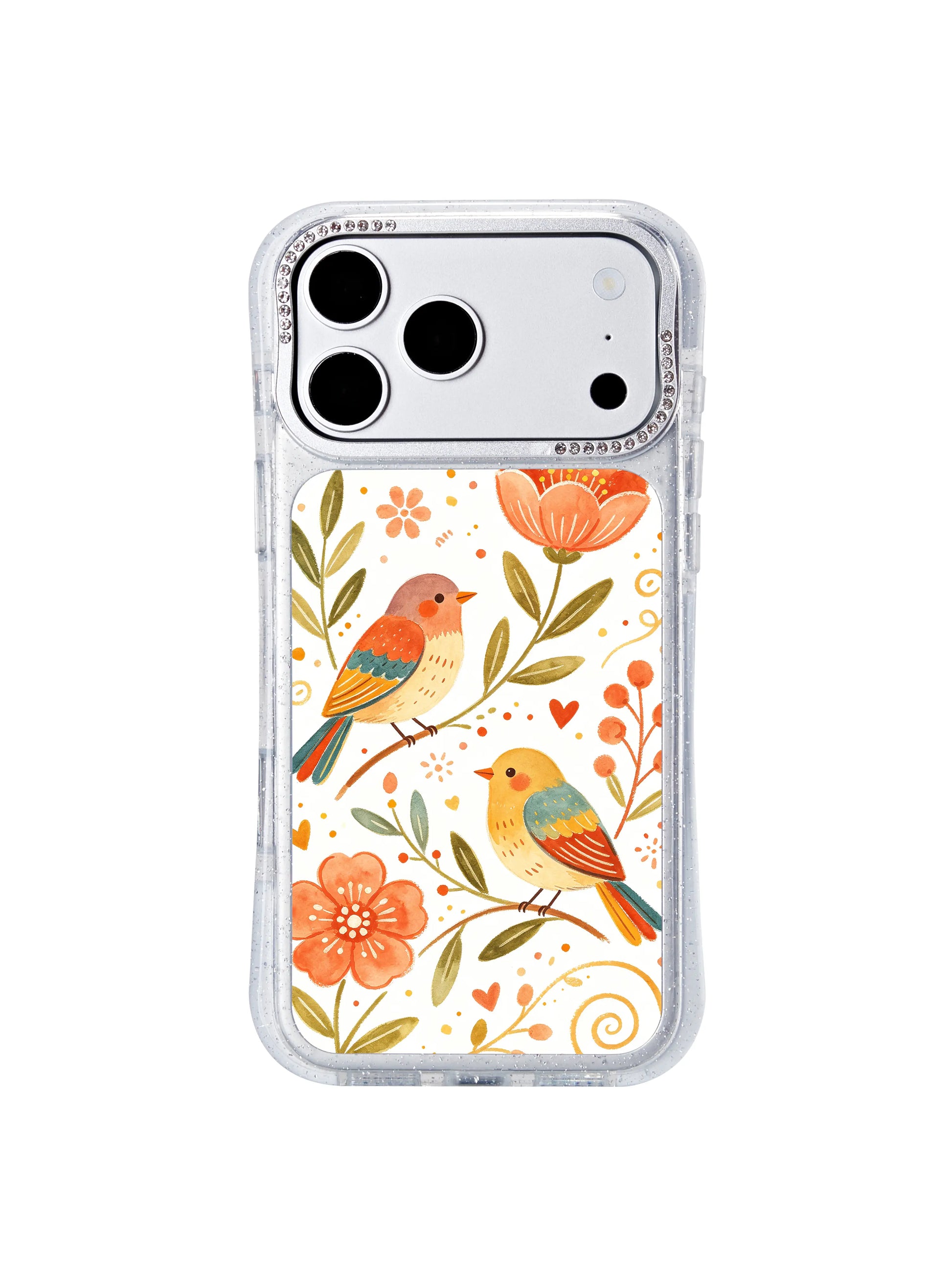 PhoneCasing California-manufactured iphone 17 pro Max case printed with Aurelia Finch’s Garden Freedom Chime uplifting garden artwork, archival UV ink locks soft watercolor floral and bird tones against daily fading.