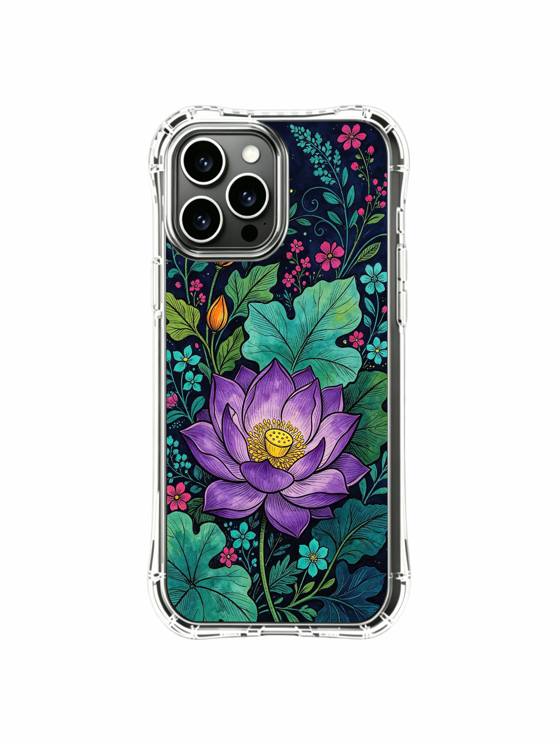 PhoneCasing iPhone 16 Pro Max Case with garden-inspired art featuring a large purple lotus. Midnight theme design by Elias Nocturne, aesthetic illustrated case for everyday use.