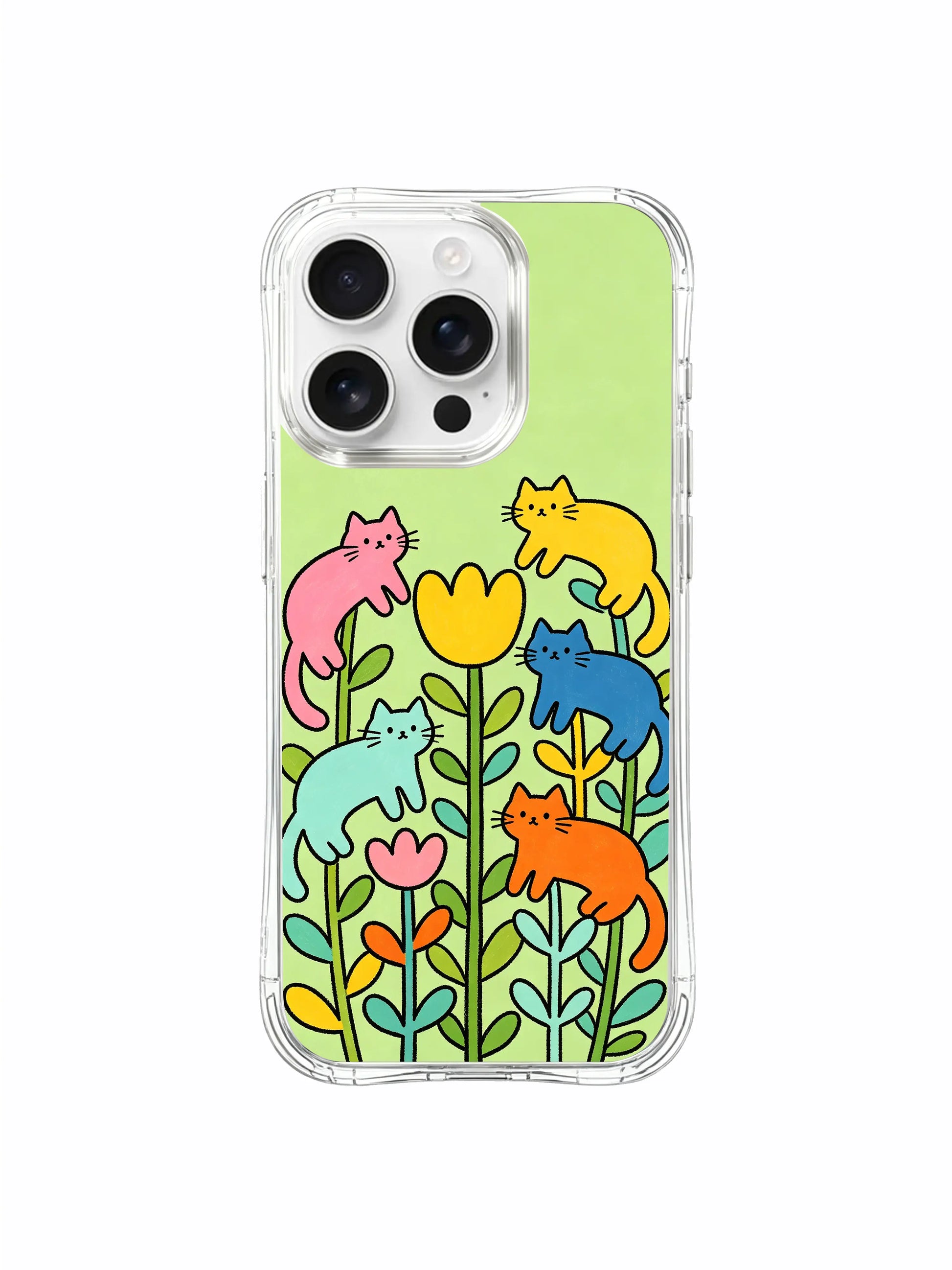 PhoneCasing iPhone 16 pro max protective case with cats arranged like a garden, a cute and playful design for cat lovers.