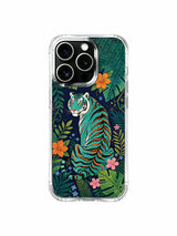 Slow turning mystic teal tiger winding through tropical vine canopy iPhone 13 pro Case by PhoneCasing, warm hibiscus accent art phone cover, limited-run lightweight protective casing