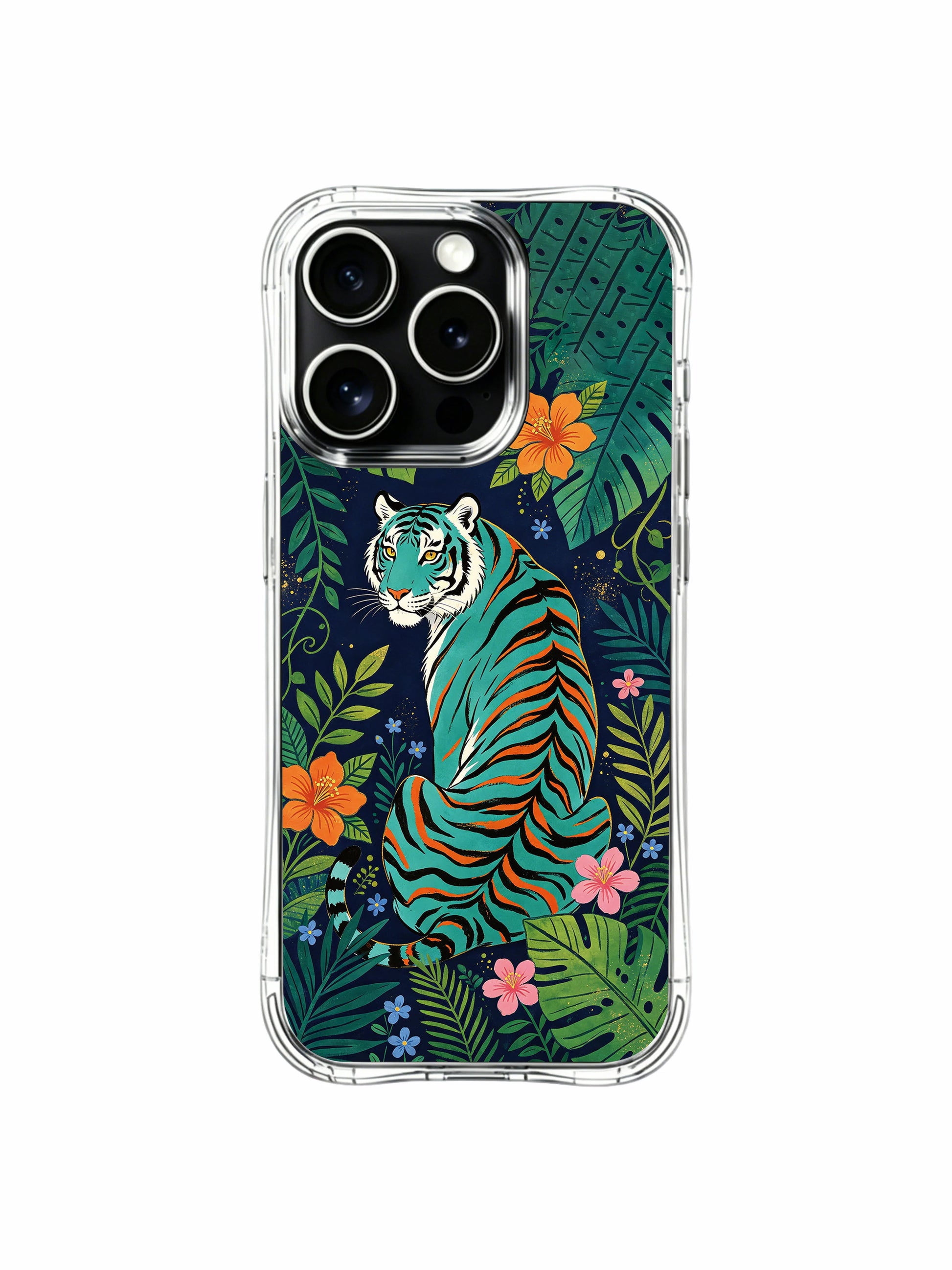 Slow turning mystic teal tiger winding through tropical vine canopy iPhone 13 pro Case by PhoneCasing, warm hibiscus accent art phone cover, limited-run lightweight protective casing