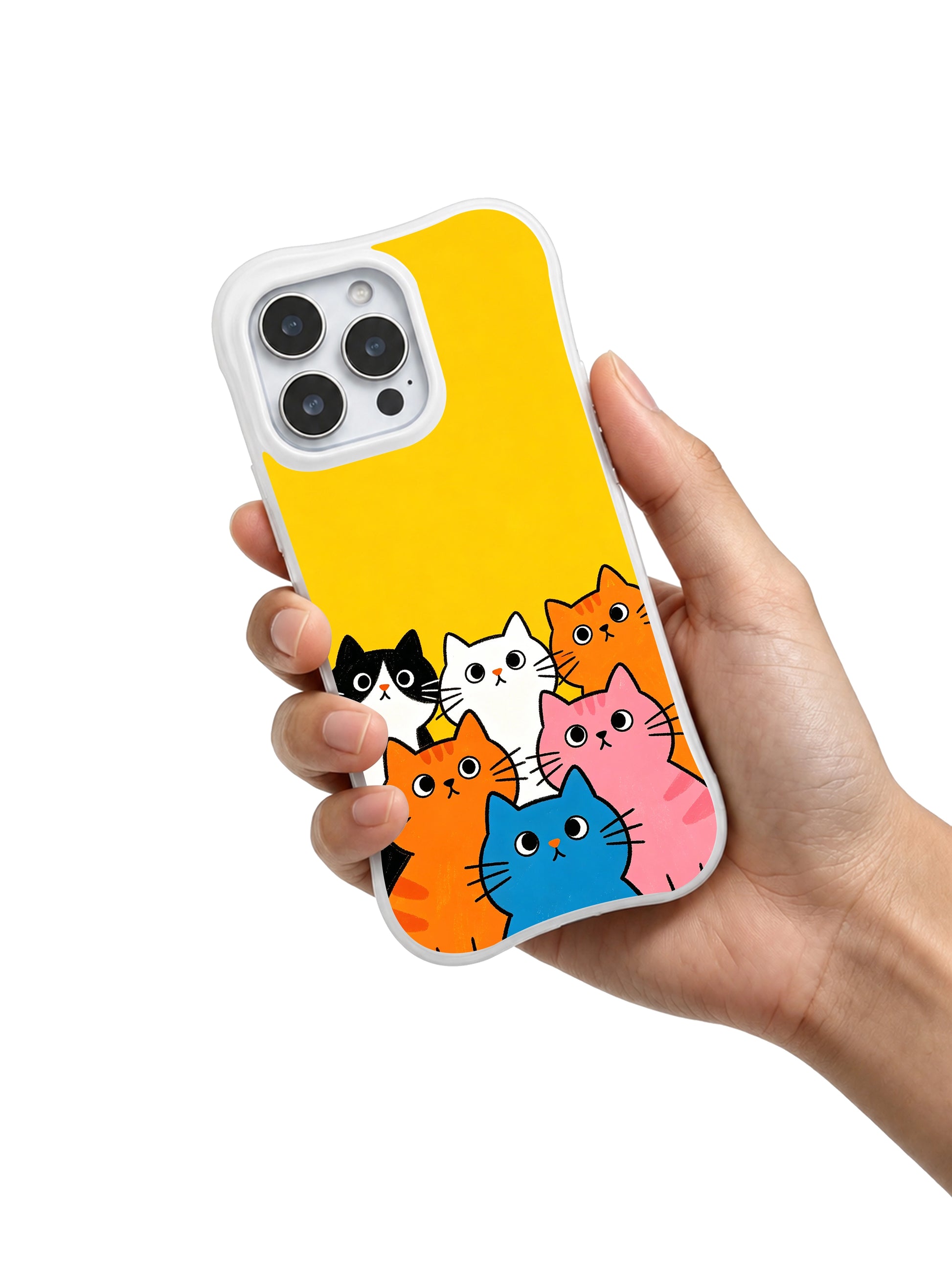 PhoneCasing iPhone 16 Pro Max with Gazing Feline Group design, a quiet gathering of cats sharing a hopeful moment under bright yellow.