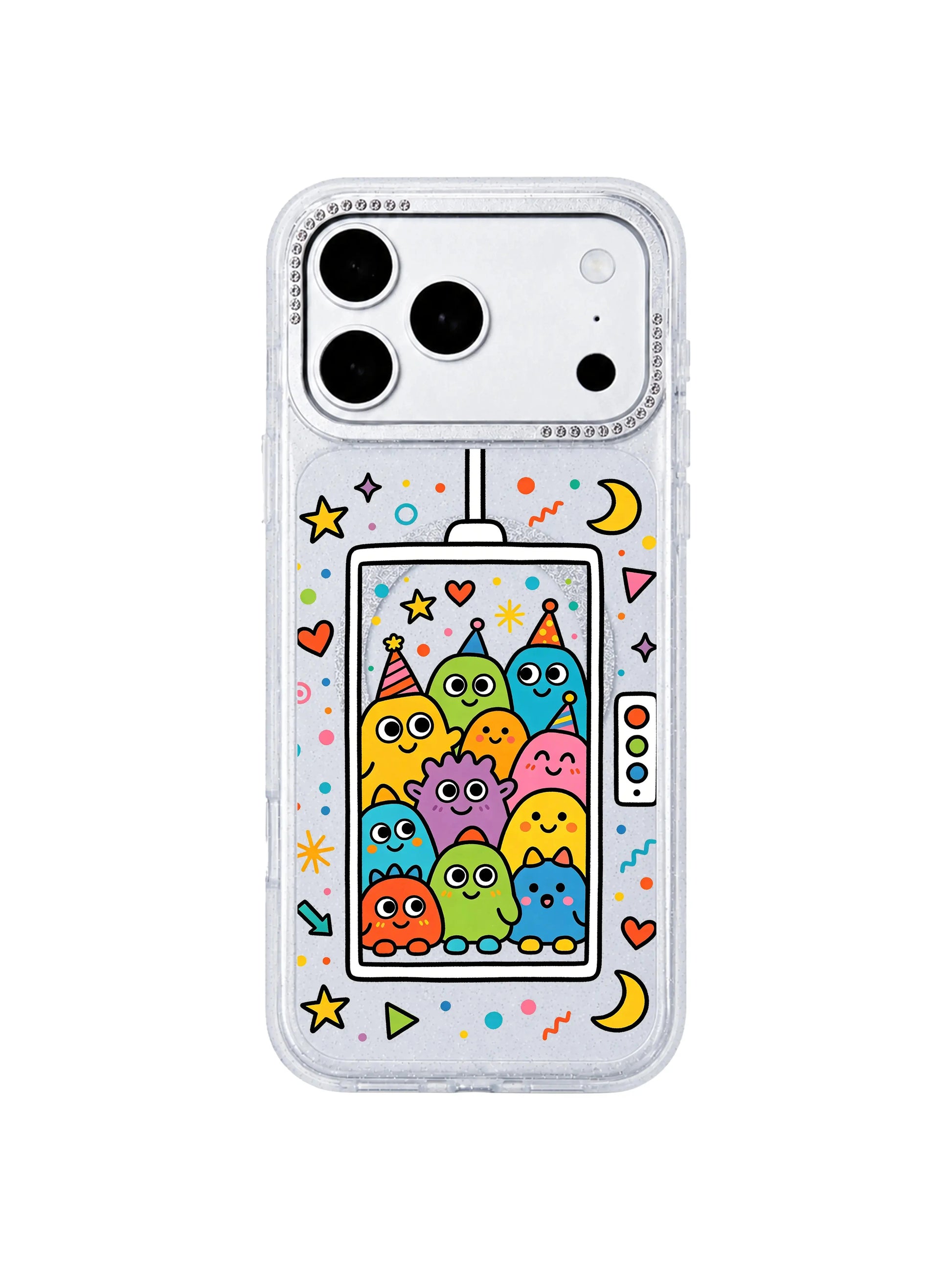 PhoneCasing minimalist pure white isolated mockup of Gentle Aspiration Lift iPhone 17 Pro Max case, glitter clear iPhone 17 Pro Max casing optimized for social media ads and email marketing creative assets