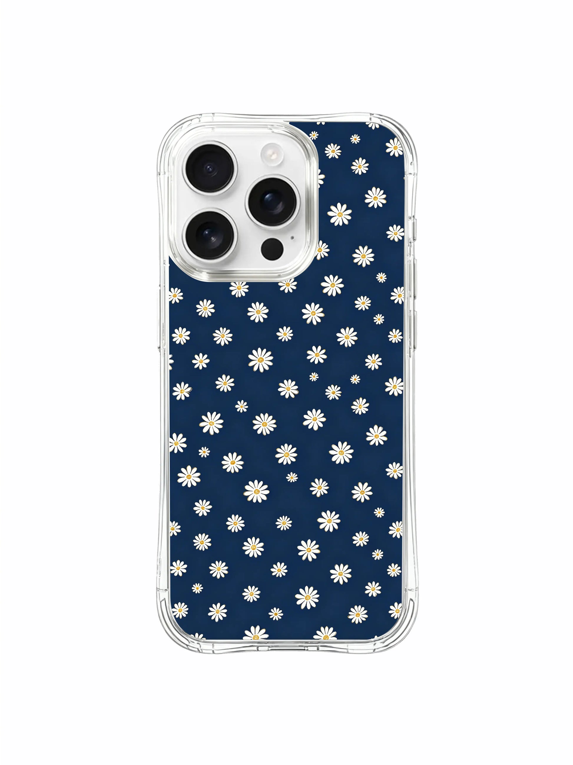 PhoneCasing iPhone 16 Pro Max Case with Gentle Dark Floral pattern, small daisies glowing softly against the midnight blue background.