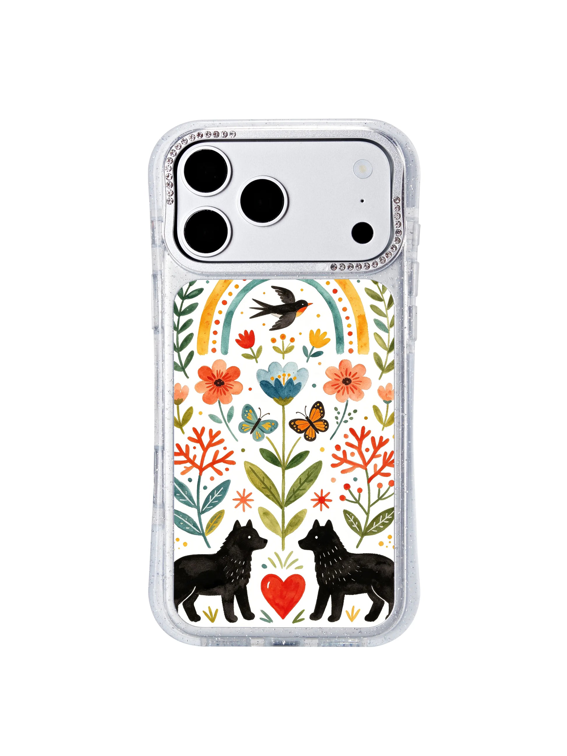 PhoneCasing fully MagSafe compatible iphone 17 pro Max casing featuring Aurelia Finch’s Rainbow Arch Aviary artwork, seamless magnetic charging fit with reinforced anti-collision corner protection.