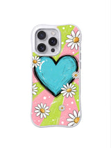 PhoneCasing iPhone 16 pro Case blending soft mild pastel stripe sweetness and playful rough hand marker sketch texture via central glossy heart scattered daisy dot motifs, Ruby Daze Pastel Daisy Heart Sketch wavy design for daily cute casual wear.