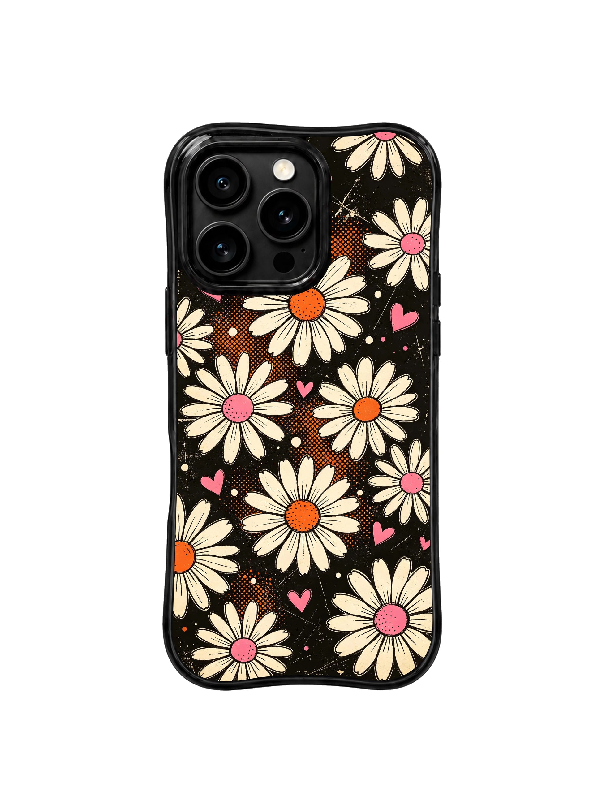 PhoneCasing iPhone 16 pro Case blending soft cute floral warmth and cool dark worn retro grain texture via scattered cream daisy heart dot motifs, Ruby Daze Cream Daisy Love Noise wavy design for daily cozy casual wear.