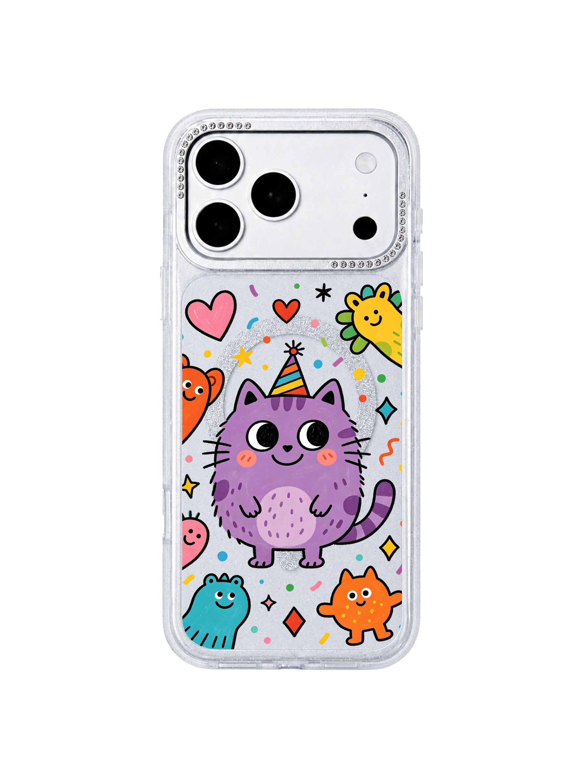 PhoneCasing minimalist pure white isolated mockup of Gentle Smile Purple Cat iPhone 17 Pro Max case, glitter clear iPhone 17 Pro Max casing optimized for social media ads and email marketing creative assets