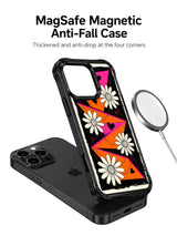 PhoneCasing iPhone 16 pro Case with cracked vintage map backdrop irregular orange pink torn fragments dotted road marker daisy pattern, exclusive Ruby Daze design, gallery-quality wavy black frame iPhone 16 pro casing.