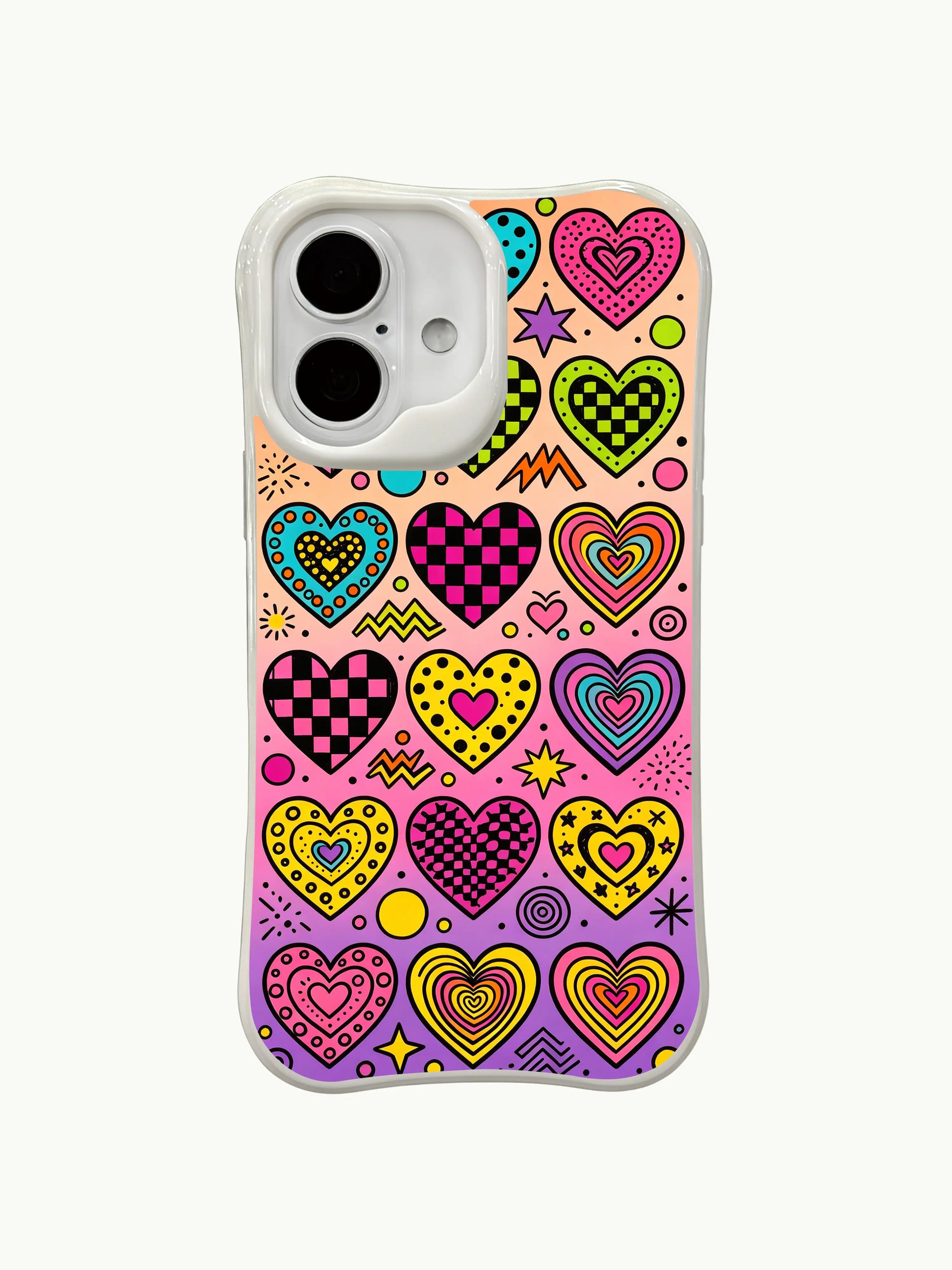 PhoneCasing Geometric Neon Hearts Case for iPhone 16 Plus, a vibrant iPhone 16 plus casing with checkered hearts and abstract accents.