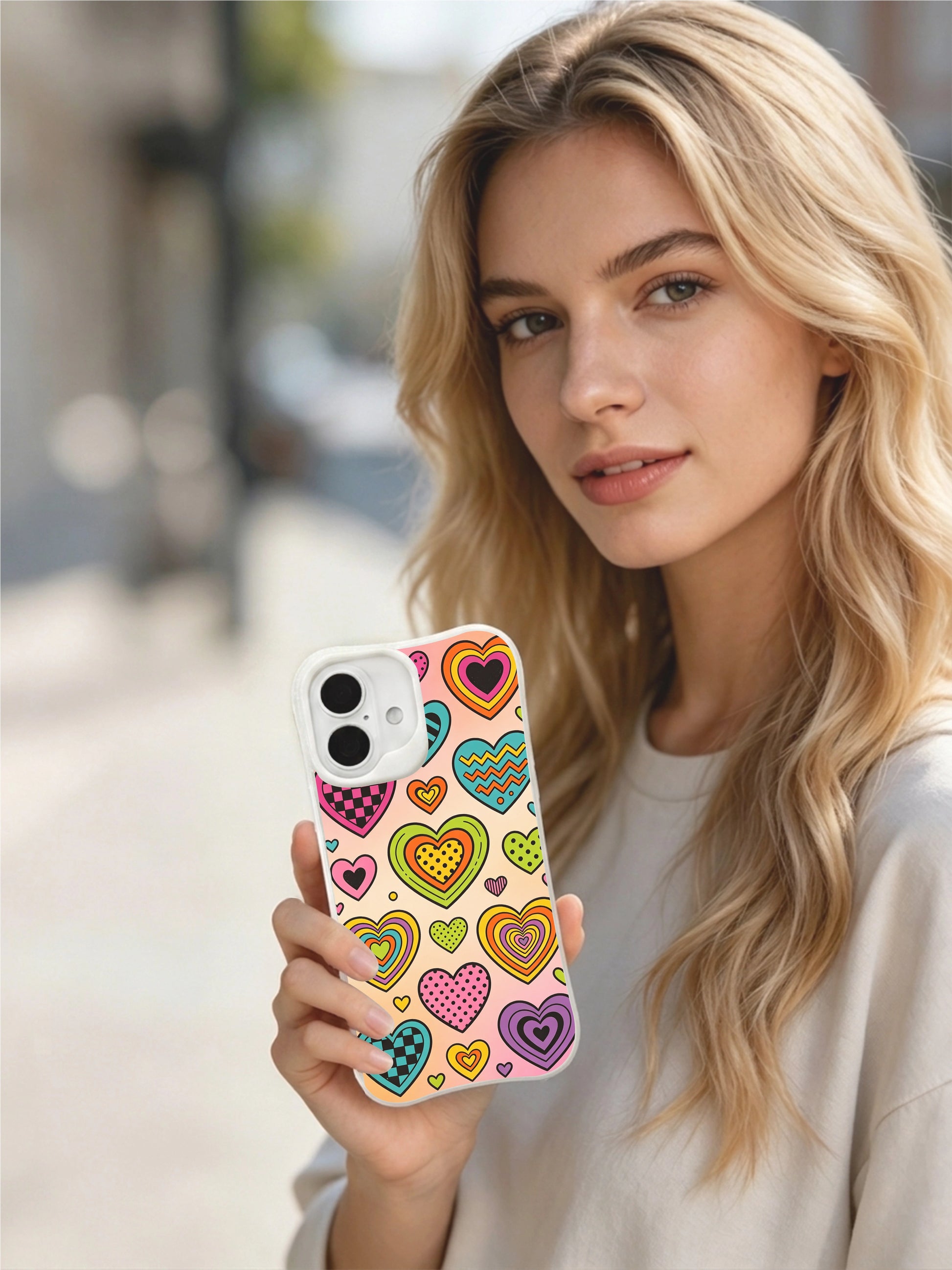 PhoneCasing geometric retro hearts iPhone 16 plus case, Daisy Vale original art combining checkered, striped and polka dot heart designs.
