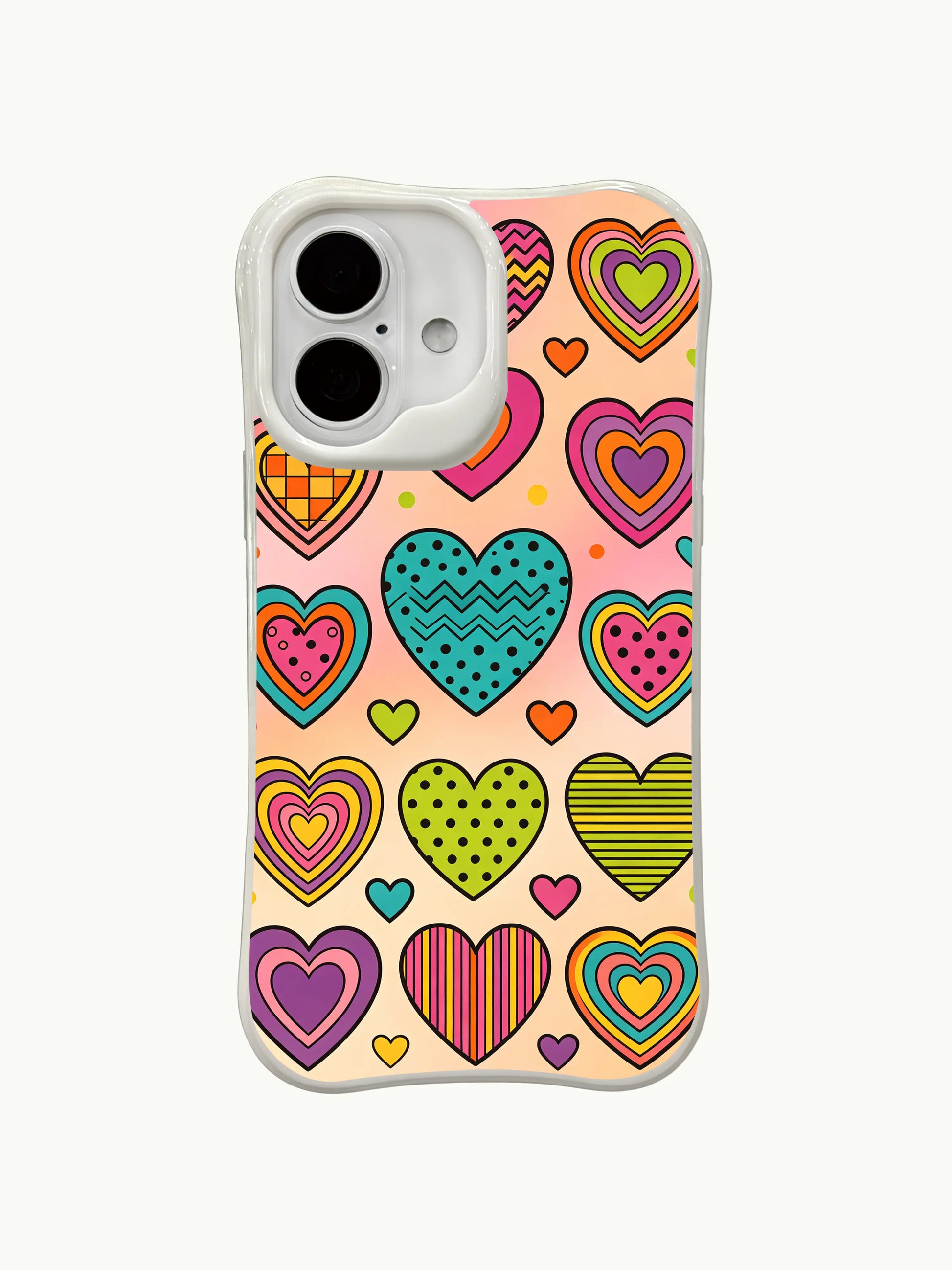 PhoneCasing geometric retro patchwork iPhone 16 plus case, cute design with mixed patterns like checkered, polka dot and zigzag.