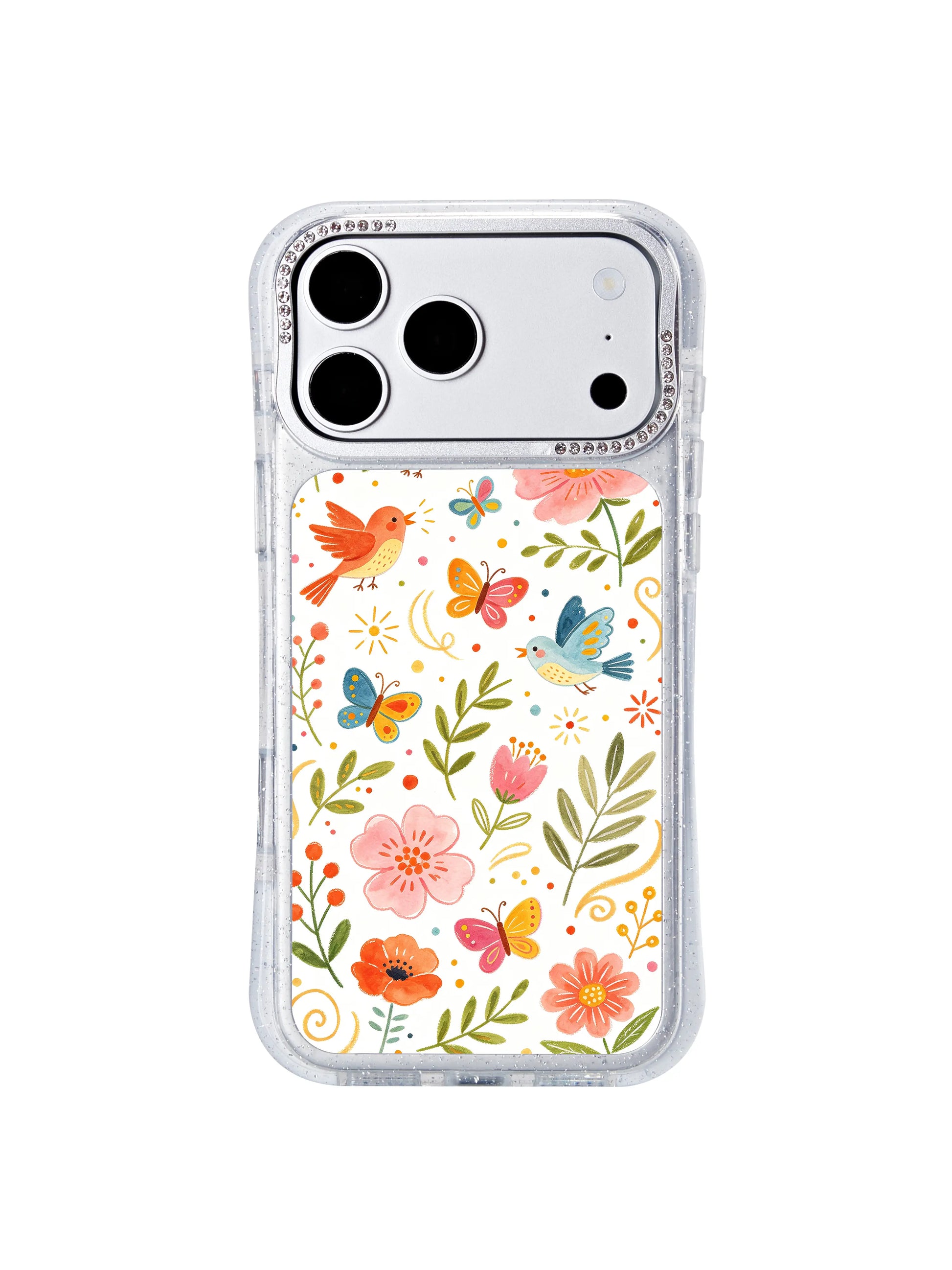 PhoneCasing gift-ready iphone 17 pro Max case held in female model’s hand, warm cheerful cottagecore dotted celebration illustration, ideal birthday, graduation, bridal and holiday gift for joy, nature and art lovers.
