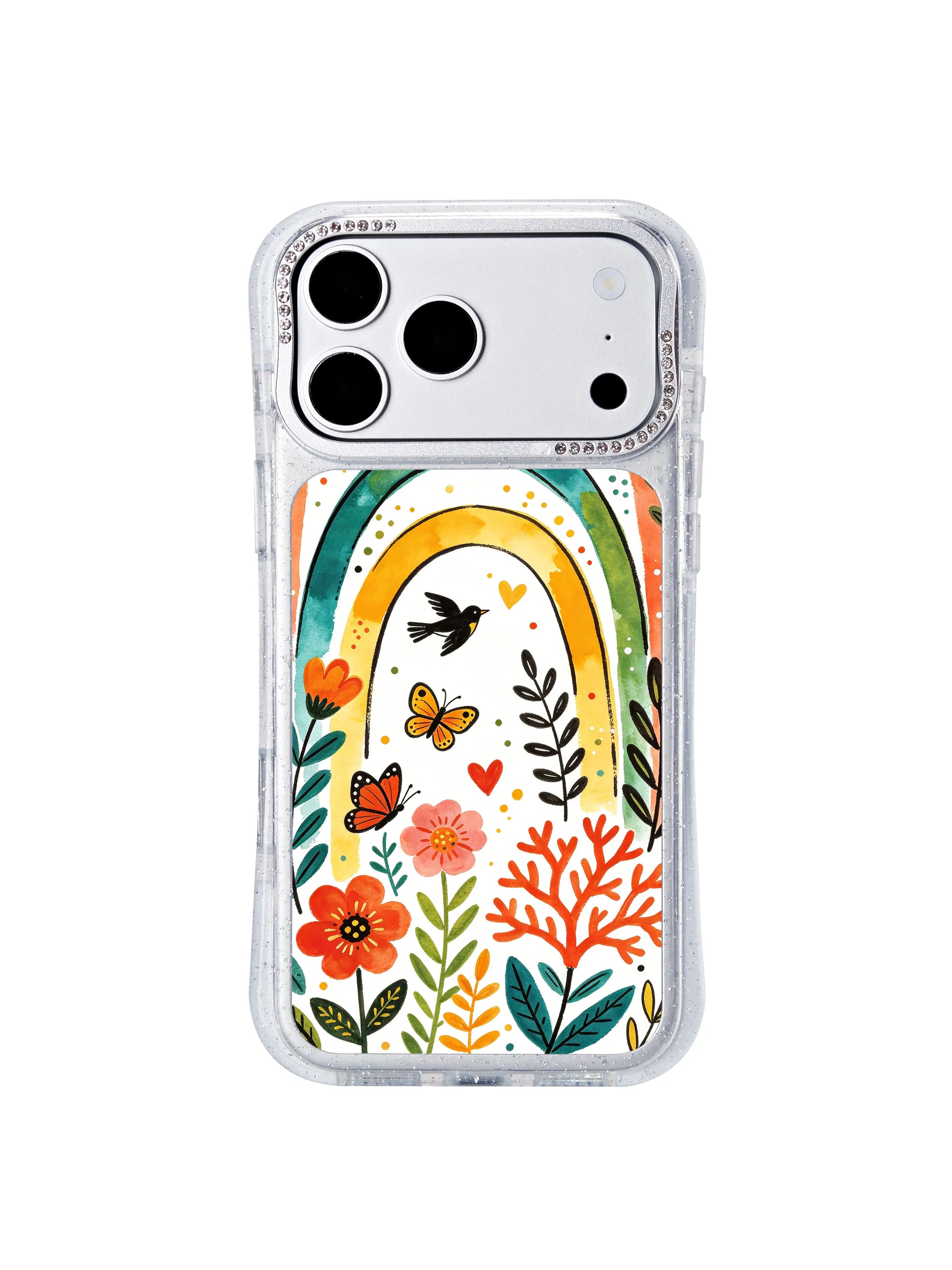 PhoneCasing gift-ready iphone 17 pro Max case held in a model’s hand, warm empowering rainbow arch cottagecore illustration, ideal graduation, new-job and milestone gift for lovers of folk art and positive fresh-start aesthetics.