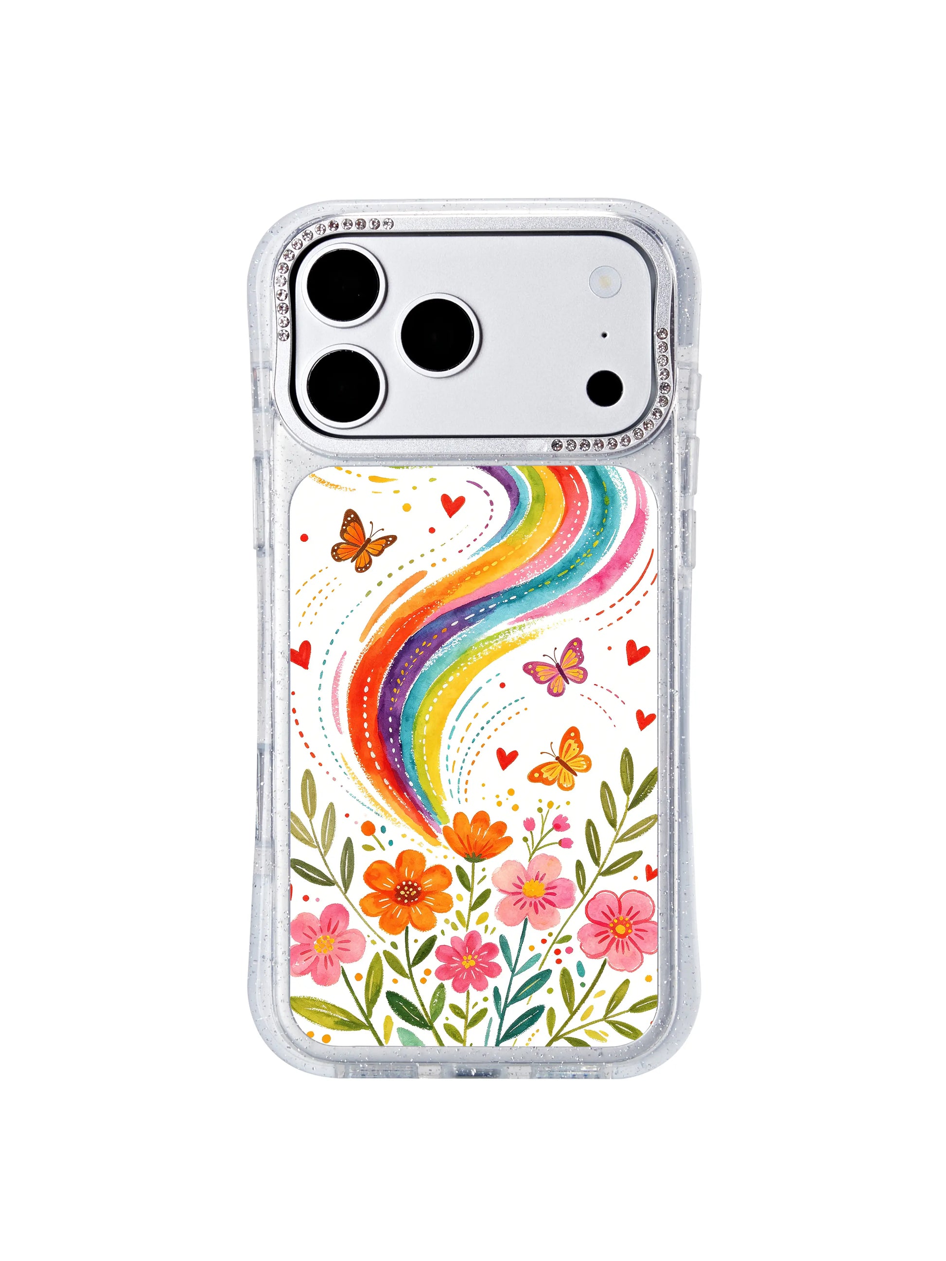 PhoneCasing gift-ready iphone 17 pro Max case held in hand, dreamy rotating rainbow wind watercolor design, perfect birthday and holiday gifts for nature and cottagecore art fans.