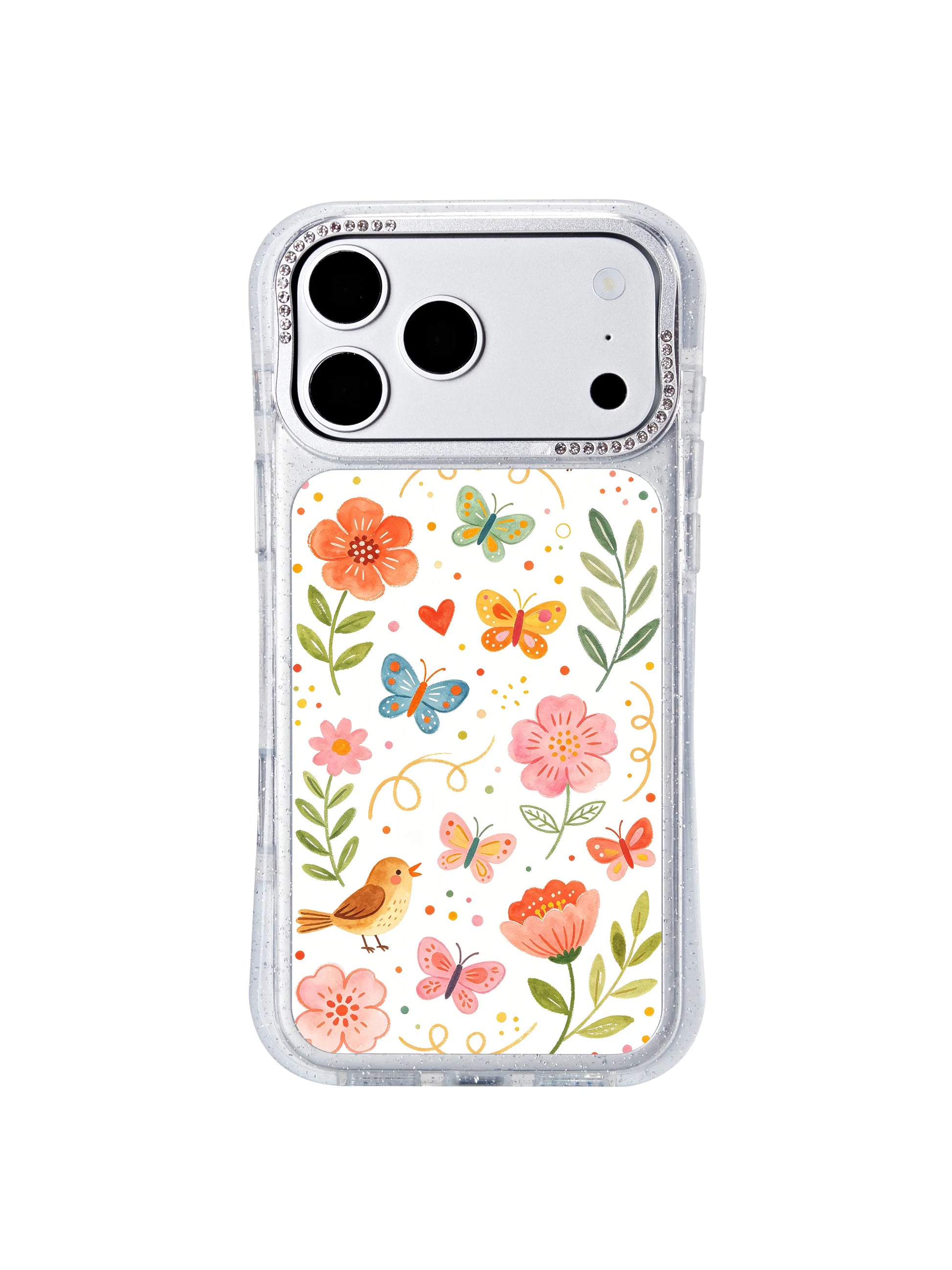 PhoneCasing translucent glitter hourglass iphone 17 pro Max case with crystal rhinestone camera trim, bright confetti dotted floral bird butterfly print, slim lightweight build easy to slip into crossbody purses and holiday travel bags.