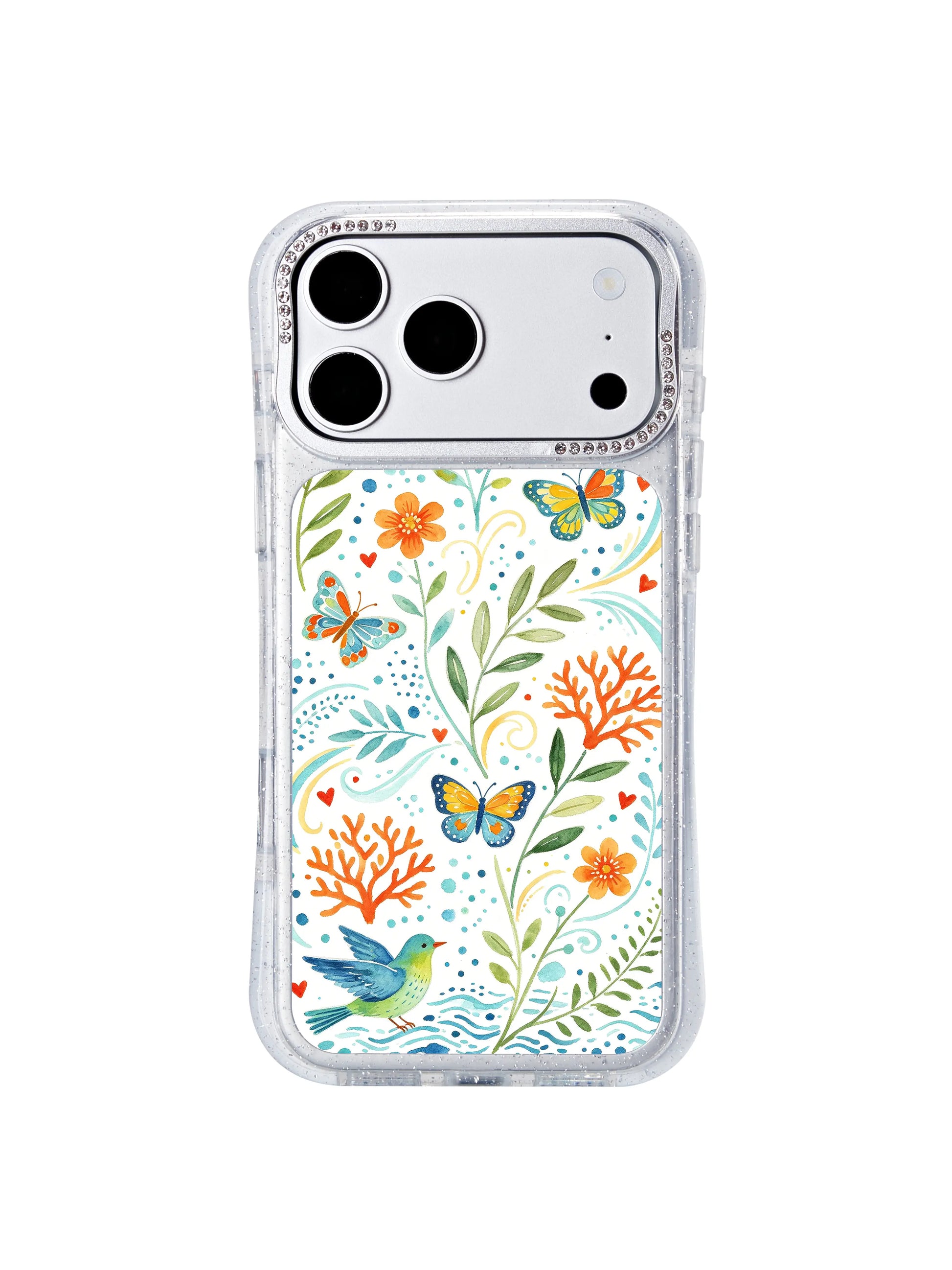 PhoneCasing translucent glitter hourglass iphone 17 pro Max case with crystal rhinestone camera trim, refreshing sea wind dotted floral print, slim lightweight build easy to slip into crossbody purses and travel bags.