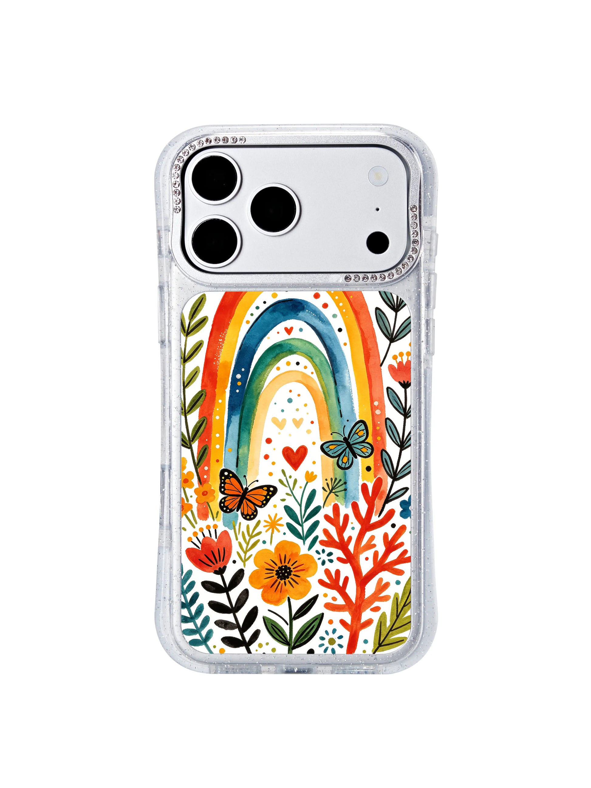 PhoneCasing translucent glitter hourglass iphone 17 pro Max case with bling rhinestone camera trim, vibrant layered rainbow arch botanical print, slim lightweight build that fits easily into daily crossbody bags and travel pouches.