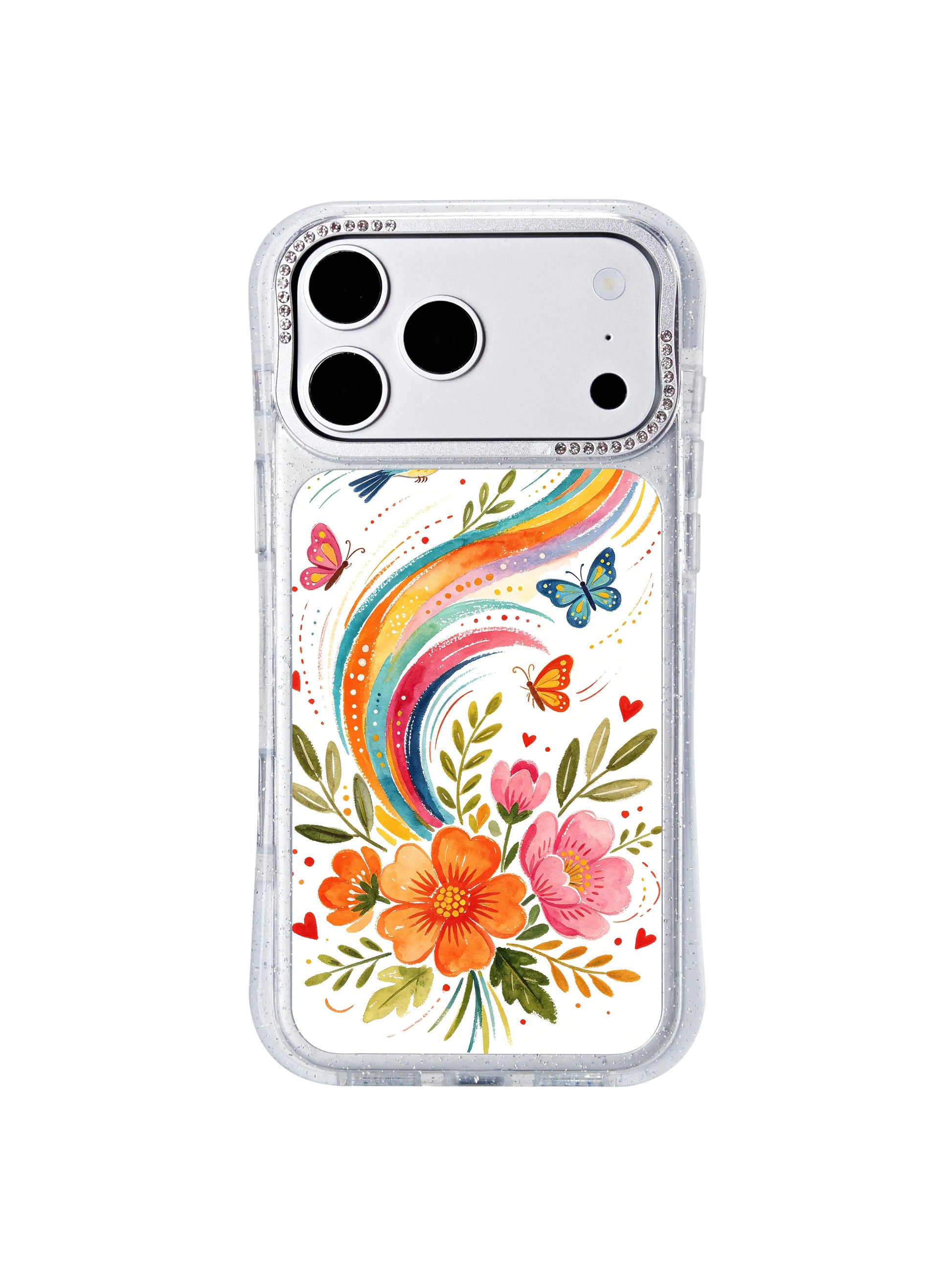 PhoneCasing translucent glitter hourglass iphone 17 pro Max case with crystal rhinestone camera trim, dynamic wind-spiral rainbow garden print, slim lightweight build ideal for purse storage.