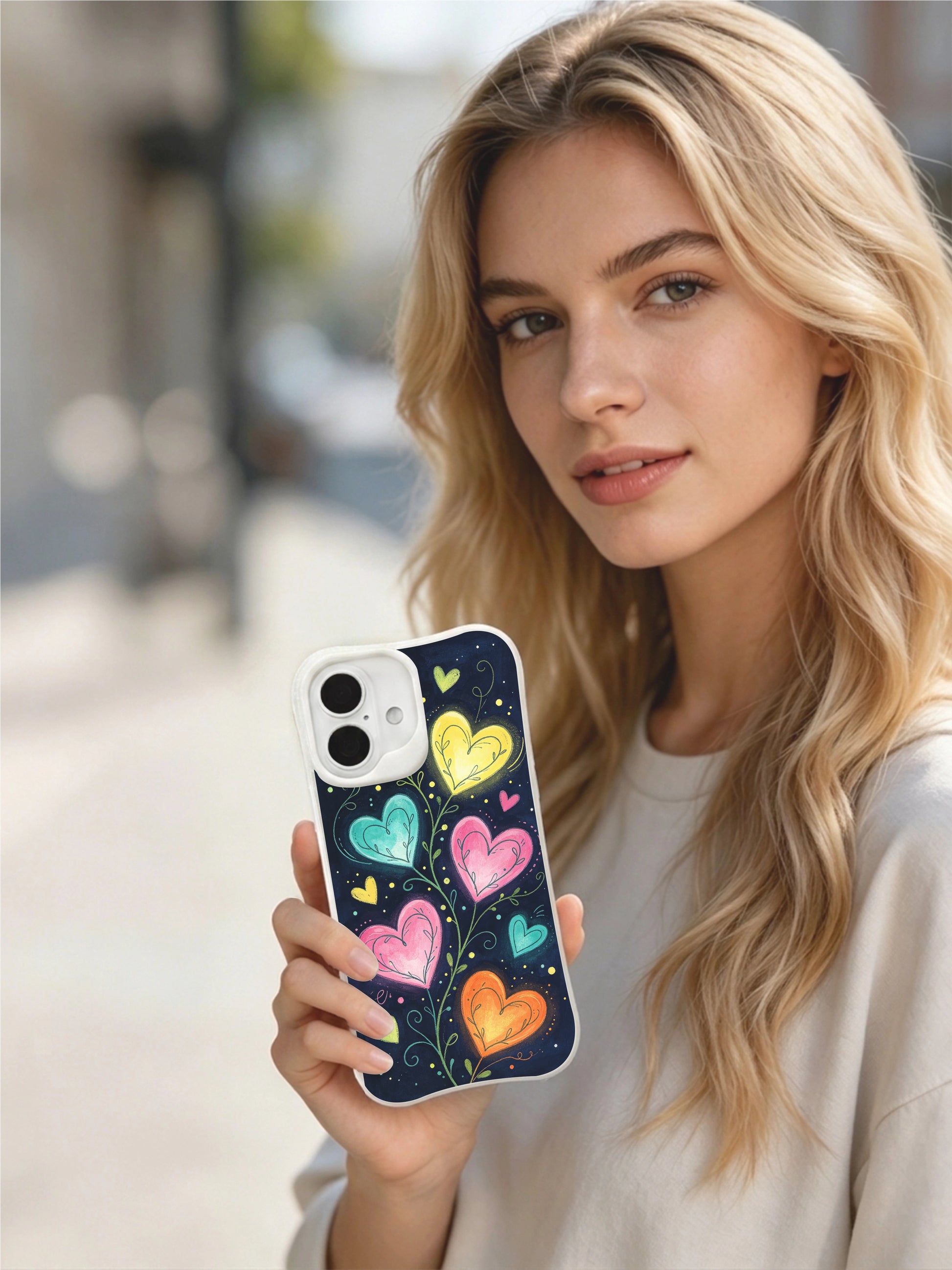 PhoneCasing Glowing Forest Hearts Case for iPhone 16 Plus, a whimsical iPhone 16 plus casing with colorful hearts and vine doodles.