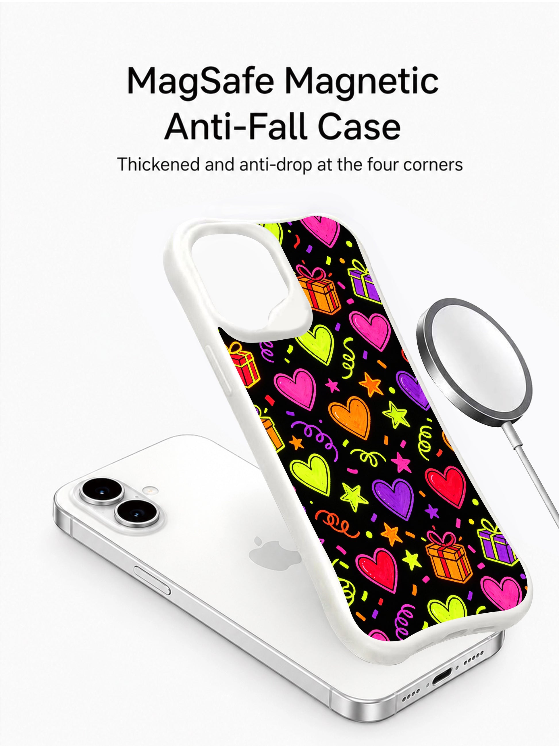 PhoneCasing glowing gift hearts iPhone 16 plus case, whimsical design of neon hearts, presents and confetti like a late-night celebration.