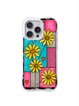 PhoneCasing iPhone 16 pro Case with bright spotlight lemon daisies outlined by thick black marker strokes, Ruby Daze original retro candy street pop art, premium wavy print casing crafted in California.