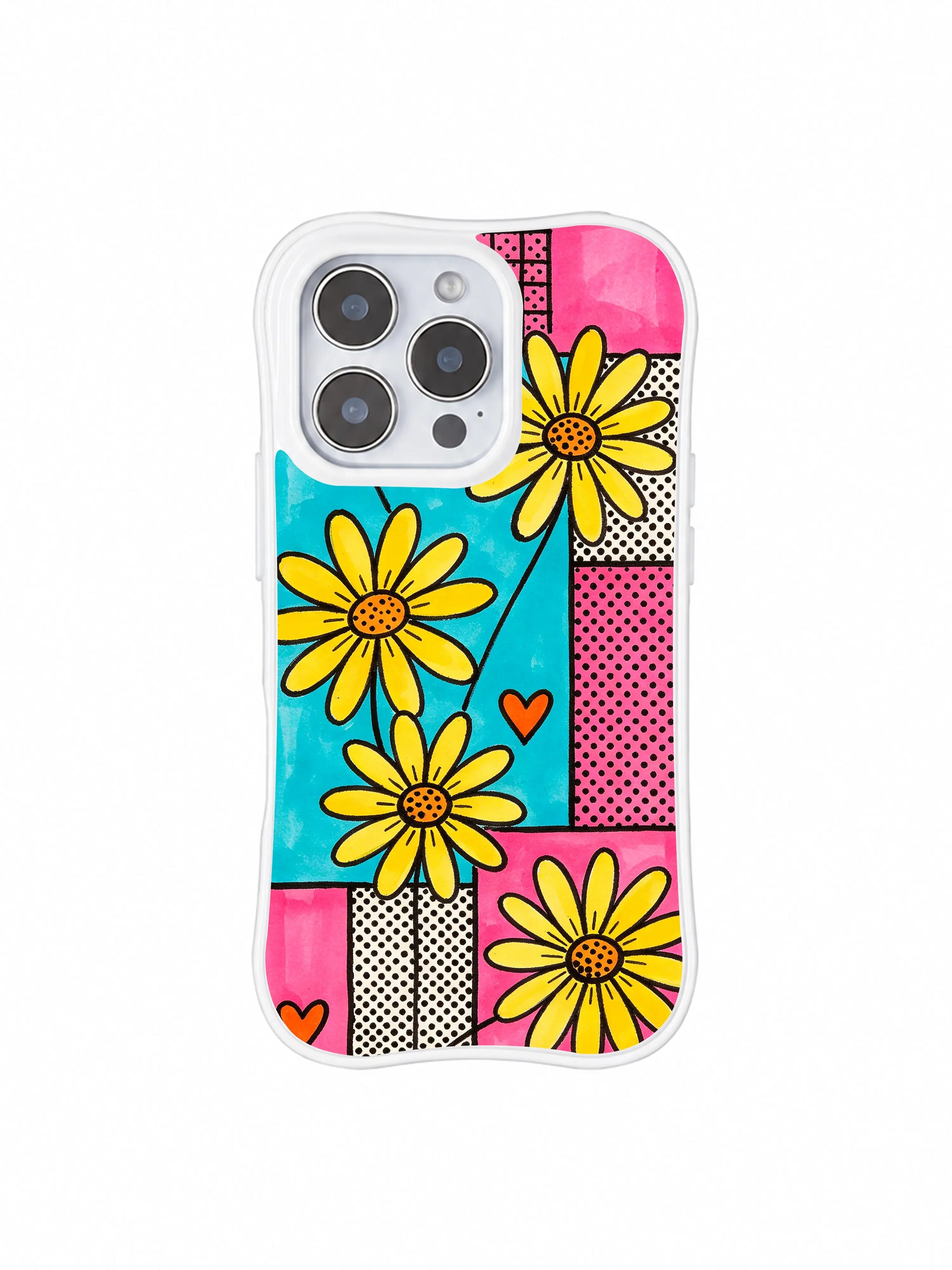PhoneCasing iPhone 16 pro Case with bright spotlight lemon daisies outlined by thick black marker strokes, Ruby Daze original retro candy street pop art, premium wavy print casing crafted in California.