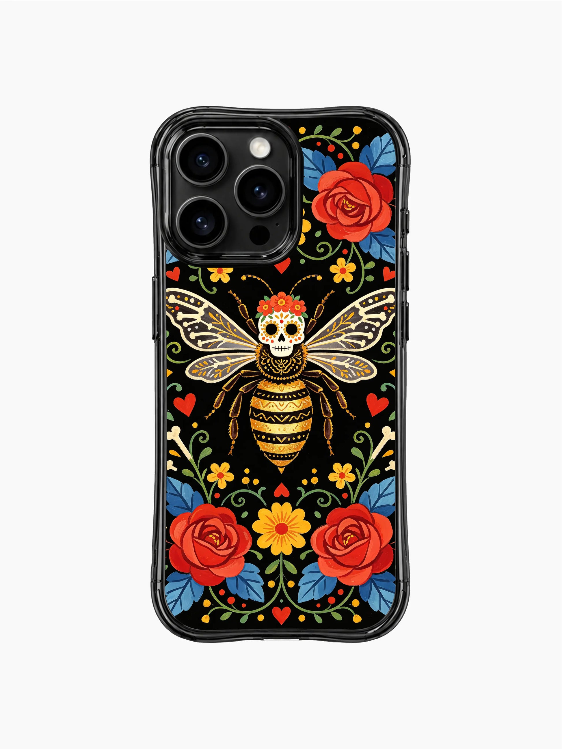PhoneCasing iPhone 16 pro max case with a bee queen design featuring gold pollen and bone patterns. Day of the Dead folk art style.
