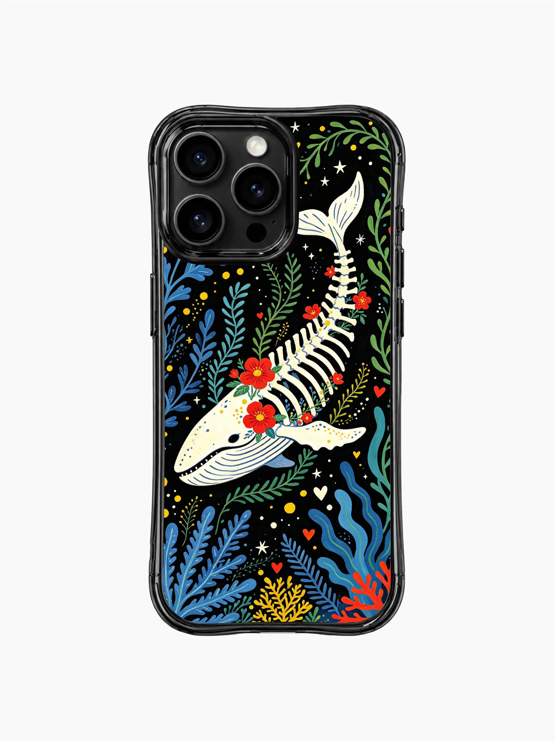 PhoneCasing iPhone 16 pro max case with a whale design featuring golden accents and floral details. Day of the Dead folk art style.