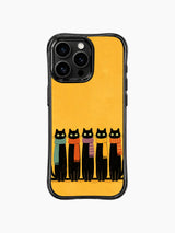 PhoneCasing iPhone 16 Pro Max with Golden Background Cat Team design, five serious yet silly black cats standing together in winter scarves.