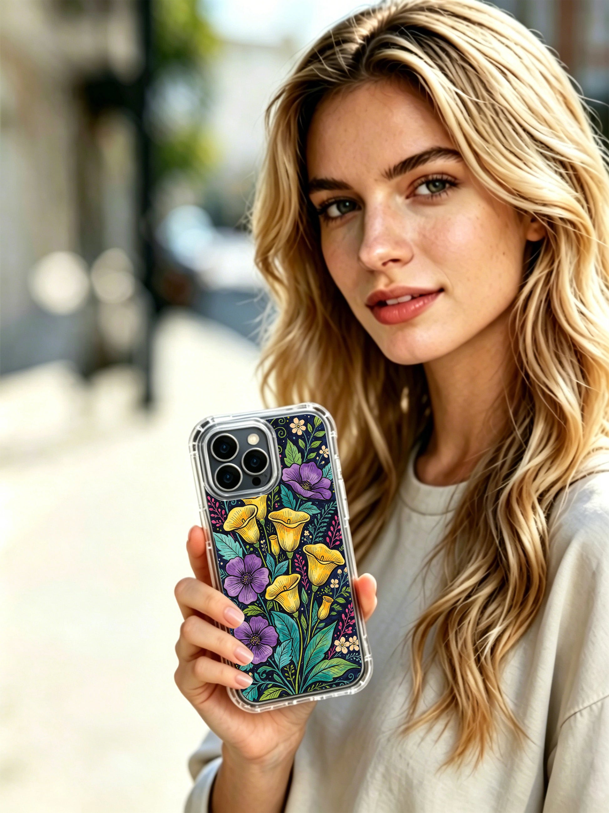 PhoneCasing iPhone 16 Pro Max Case with Golden Calla Serenity art. Warm yellow blooms on a dark blue background, illustrated case for art lovers.