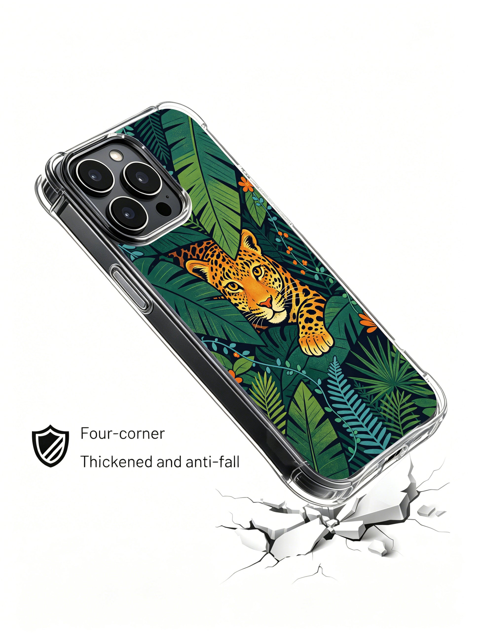 Intense golden-eyed curious jaguar peeking out from layered tropical greenery iPhone 13 pro Case from PhoneCasing, everyday durable iPhone 13 pro casing with mixed palm & fern leaves, calm wilderness premium phone cover.
