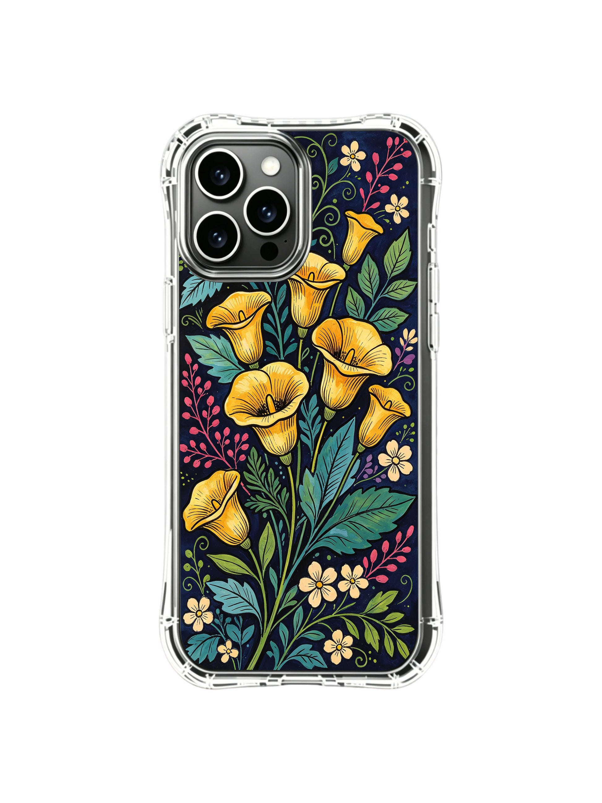 PhoneCasing iPhone 16 Pro Max Case with Golden Floral Nocturne art. Yellow calla lilies and purple blooms, durable protective case.
