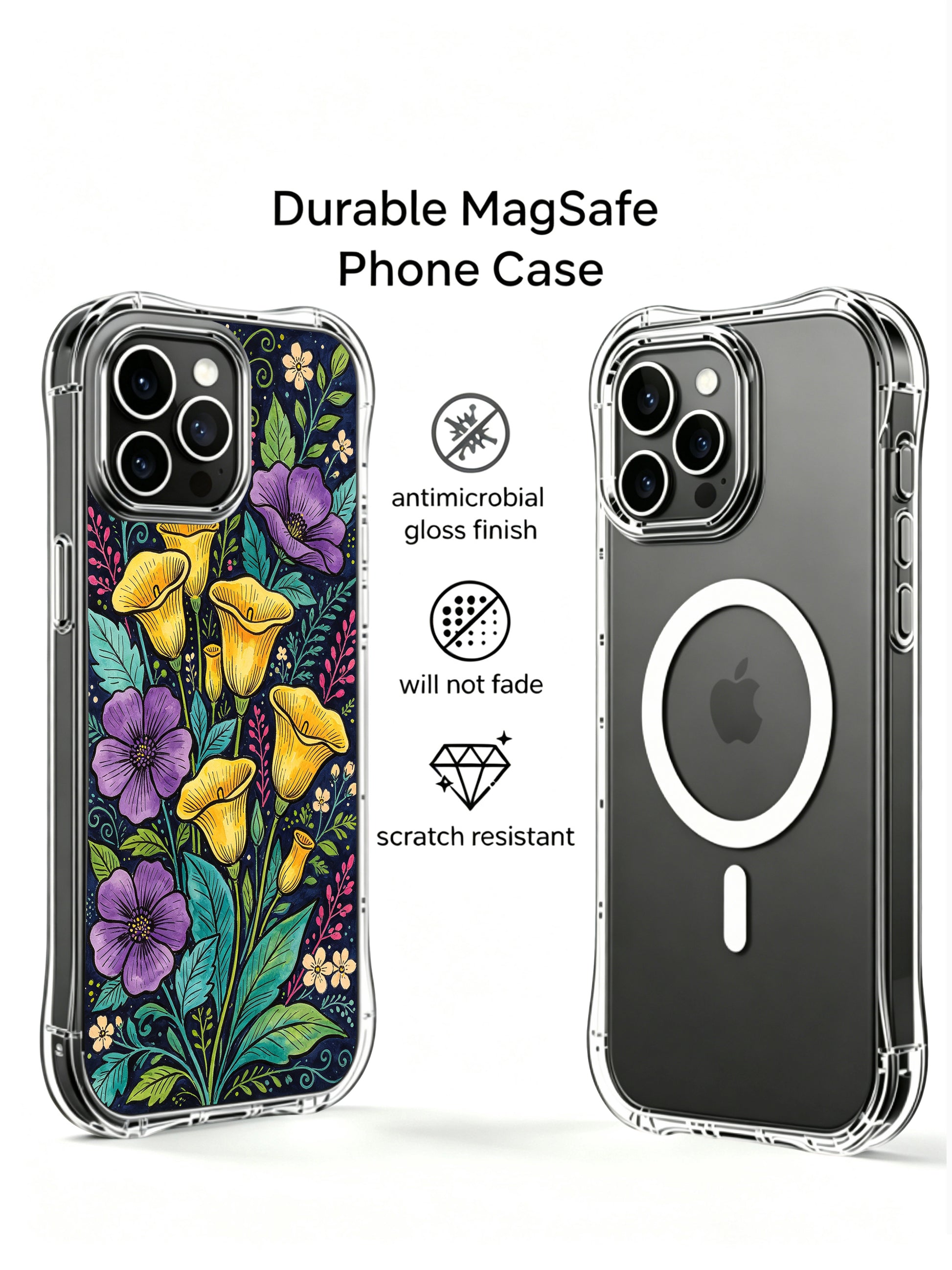 PhoneCasing iPhone 16 Pro Max Case with the Golden Nocturne floral design. Vibrant calla lilies and colorful foliage, scratch-resistant protective case made in California.