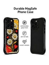 PhoneCasing iPhone 16 pro Case with distinctive sunflower golden daisy centers layered over moody red black grunge split blocks, Ruby Daze Sunflower Punk Daisies artist-designed wavy casing for self-assured feminine style.
