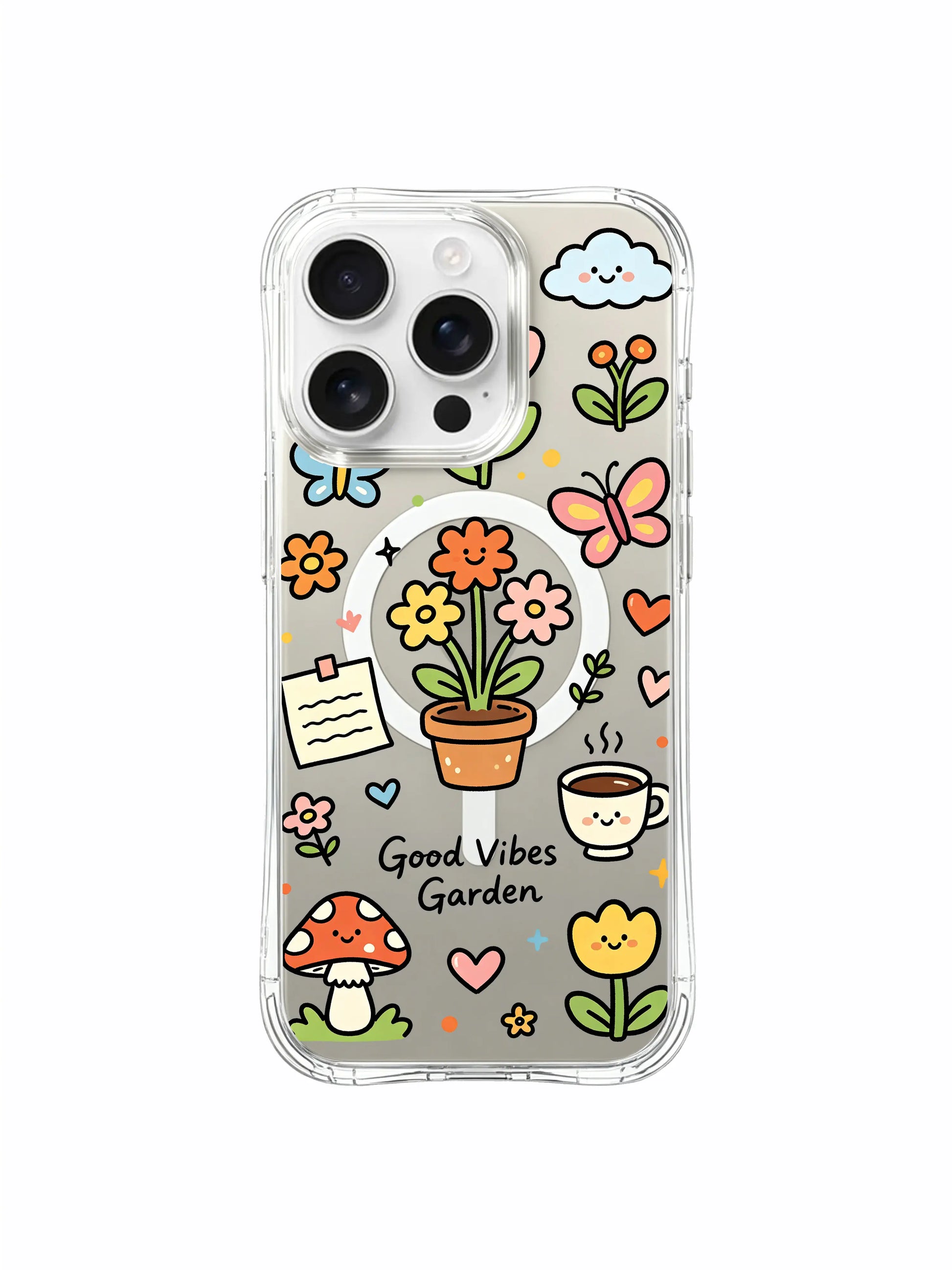 PhoneCasing iPhone 16 pro max clear MagSafe case with hand-drawn good vibes garden sticker art by Sunny Charm.