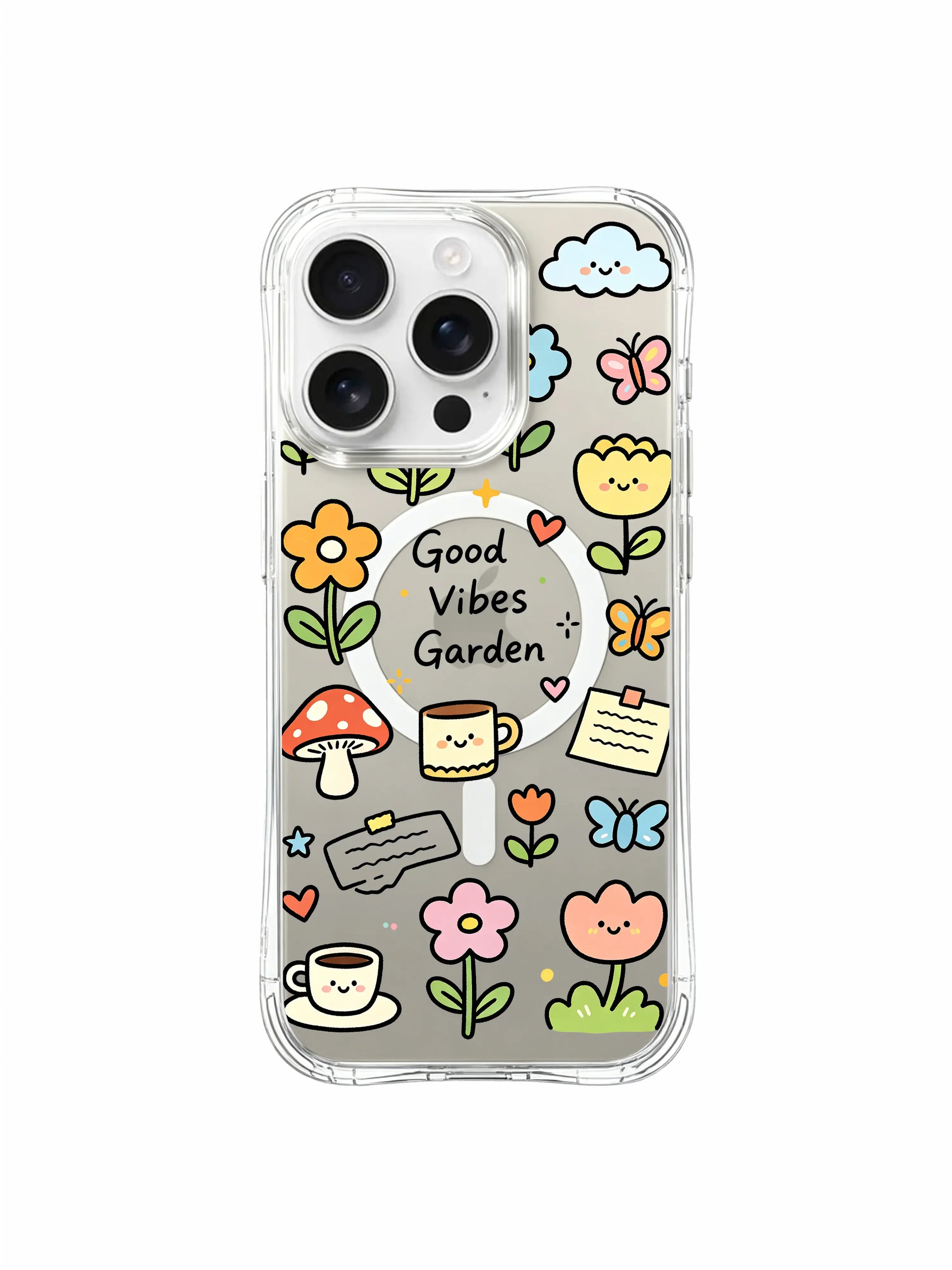 PhoneCasing iPhone 16 pro max clear MagSafe case with exclusive good vibes garden art by Sunny Charm.