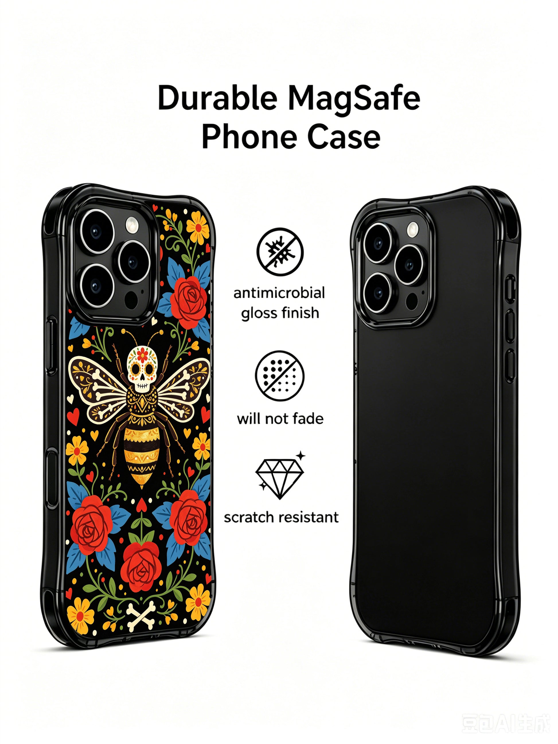 PhoneCasing iPhone 16 pro max shockproof case with a gothic bee queen pattern. Colorful folk art print with bone and flower details.