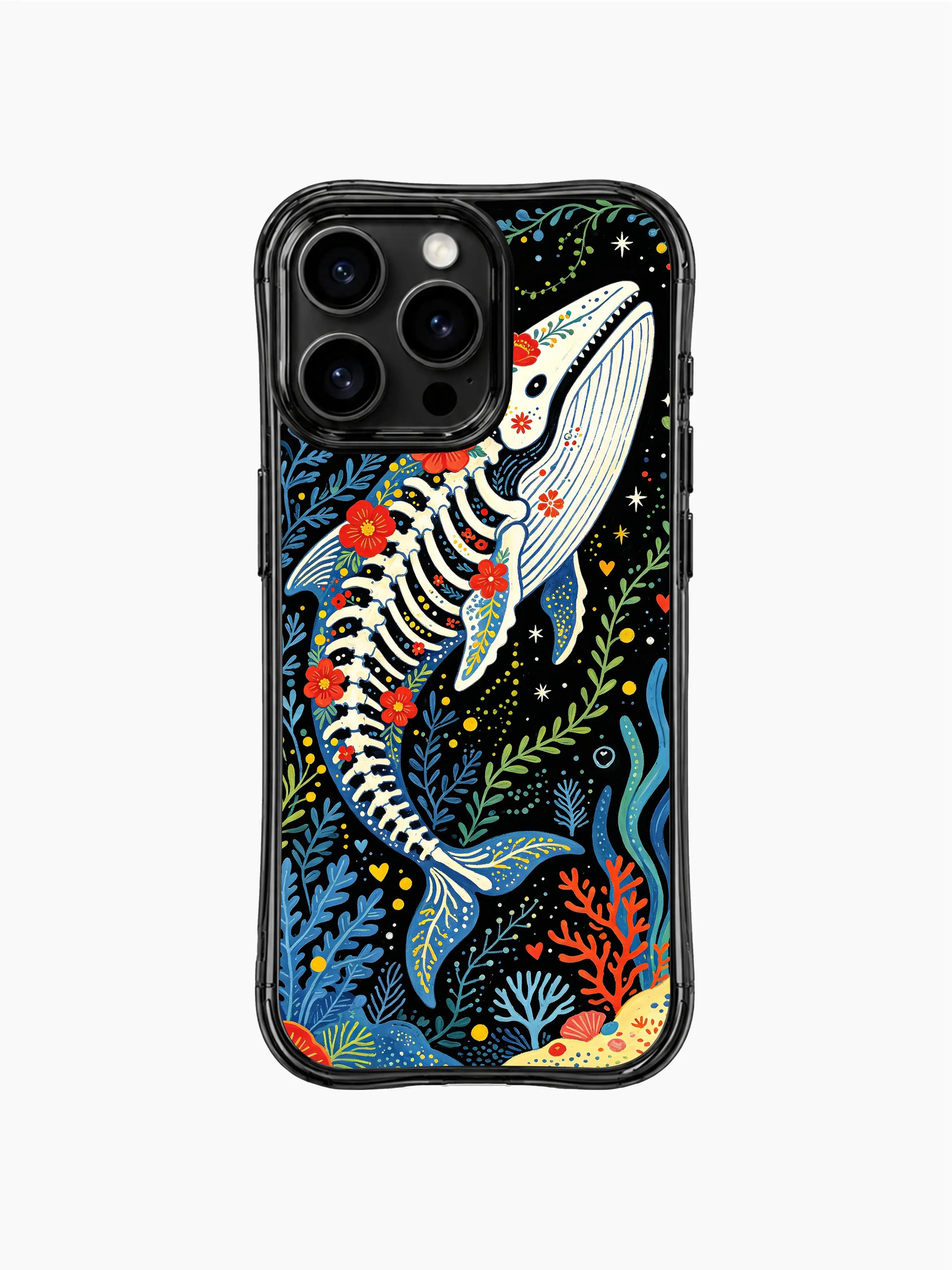 PhoneCasing iPhone 16 pro max slim case showcasing a gothic floral whale design. Colorful folk art print with bone and flower details.